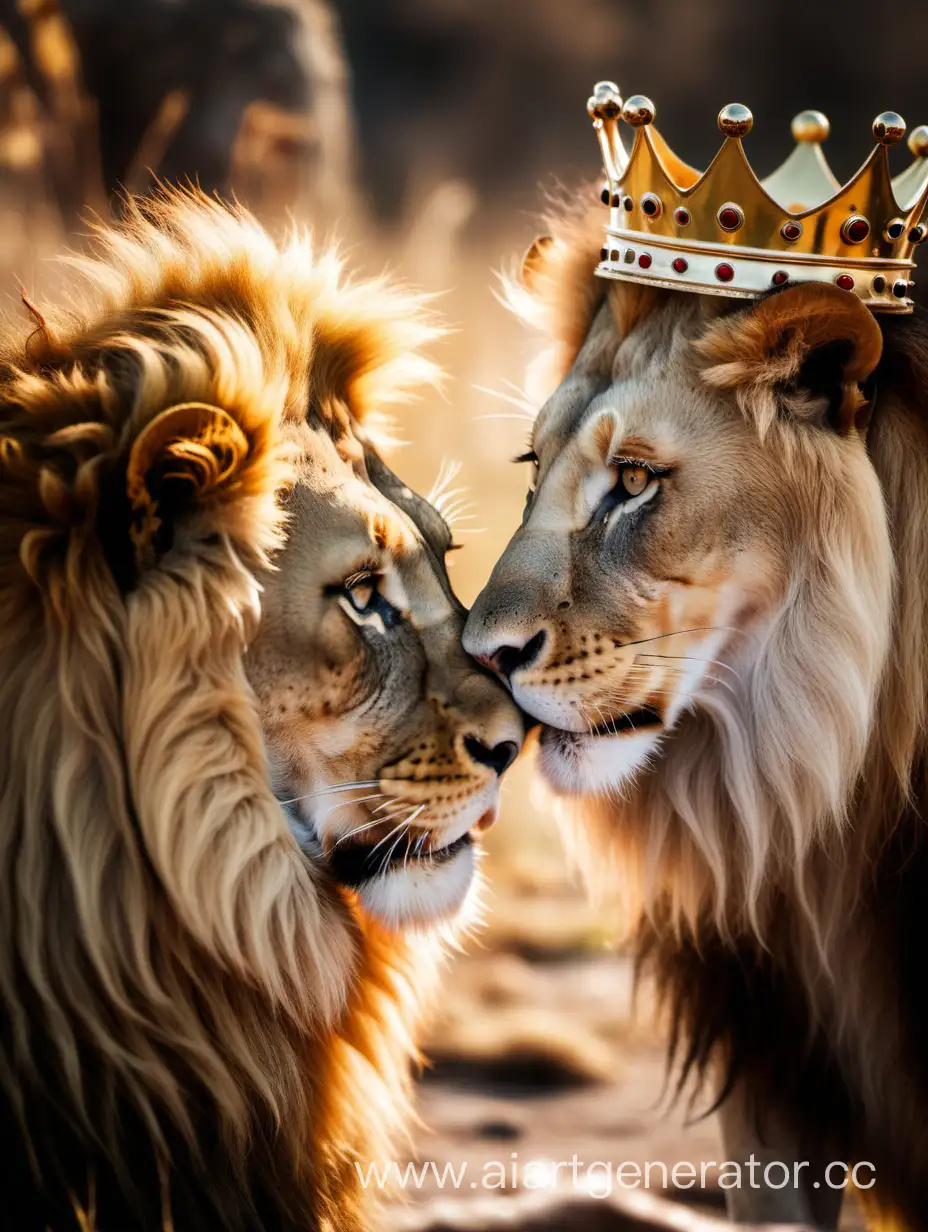 a lion and a lioness with crowns kiss each other, near the lion the number 19, near the lioness the number 14, picture in natural style