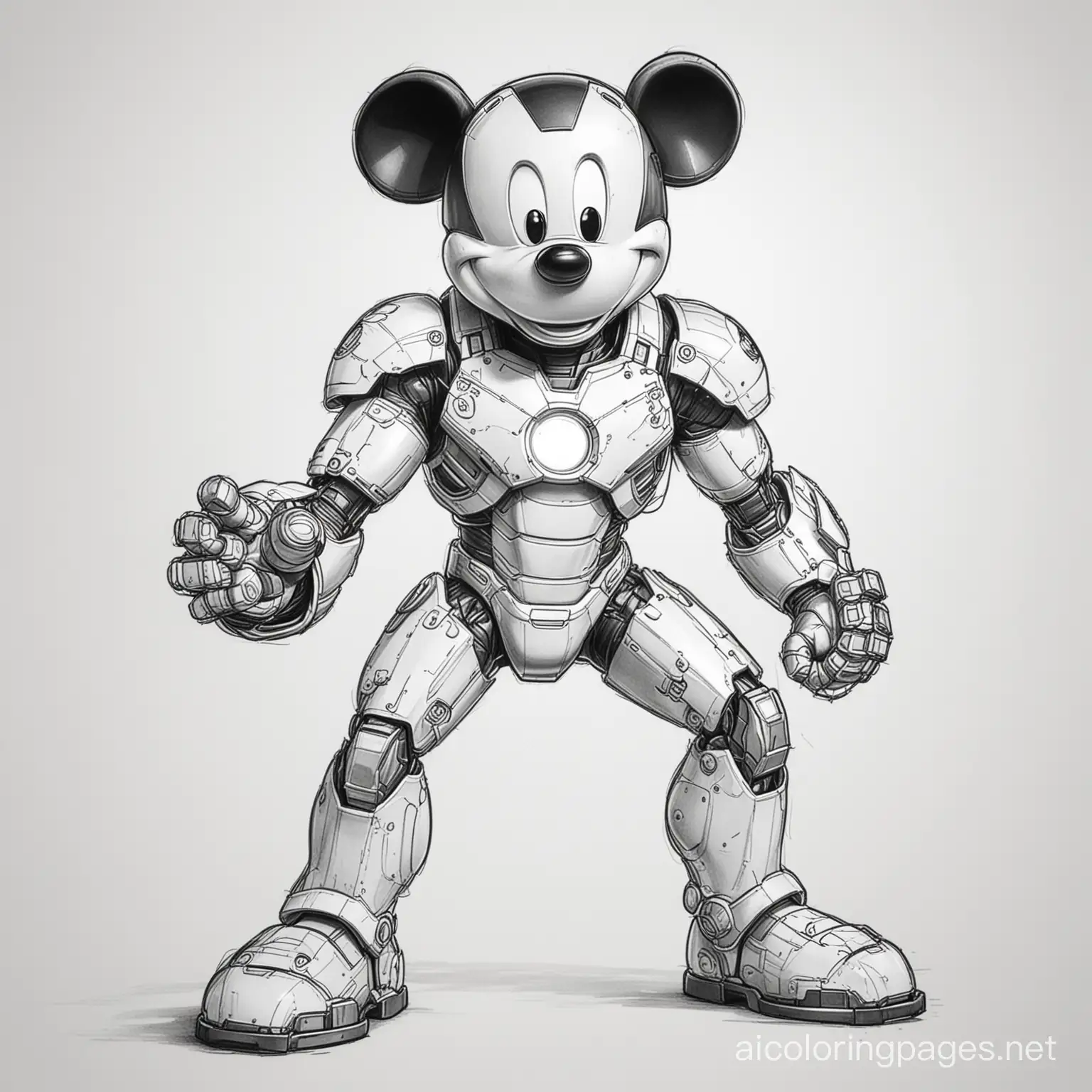 Micky Mouse and Iron Man, Coloring Page, black and white, line art, white background, Simplicity, Ample White Space. The background of the coloring page is plain white to make it easy for young children to color within the lines. The outlines of all the subjects are easy to distinguish, making it simple for kids to color without too much difficulty