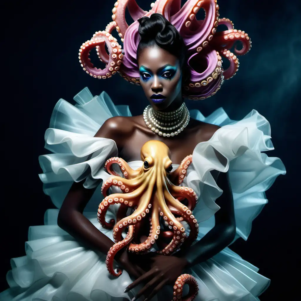 very beautiful black Model with long dark , wearing bright color make up, hair holding an octopus, wearing tulle ruffles and folds with tentacles wrapped around her body, pearl beads on her face , dress and tentacles, hyper visual, hyper realistic rendering, milky white and gold dust, sharp lines, very details
