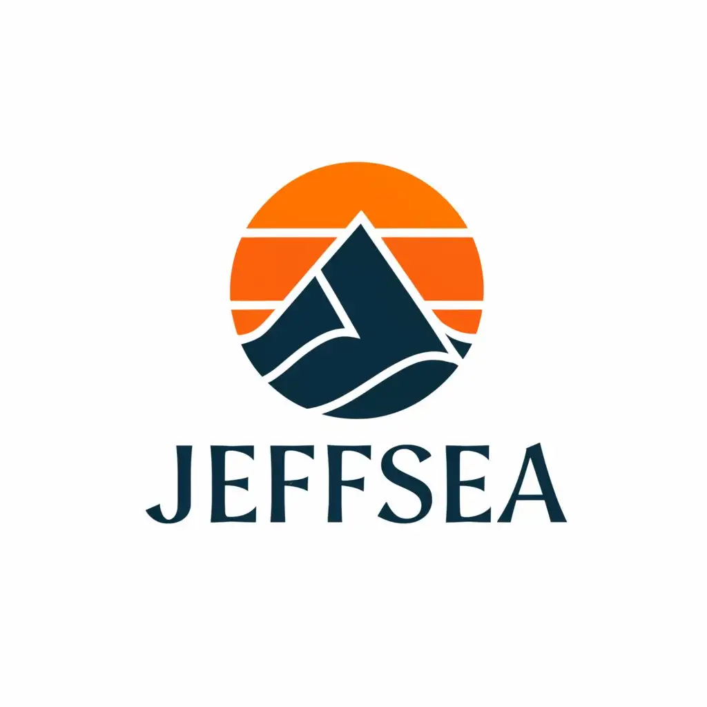 a logo design, with the text JeffSea, main symbol: Plain white background. no tagline. A dark blue minimalist mountain with an orange sun and stylised lake., Minimalistic, be used in Travel industry, clear background