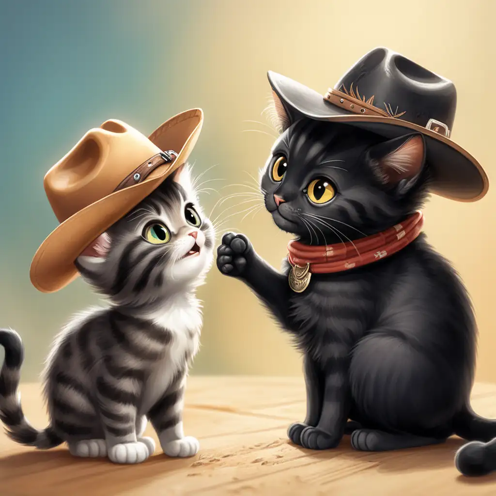 a small cute happy cat talking to a small cute blackl cat in a cowboy hat