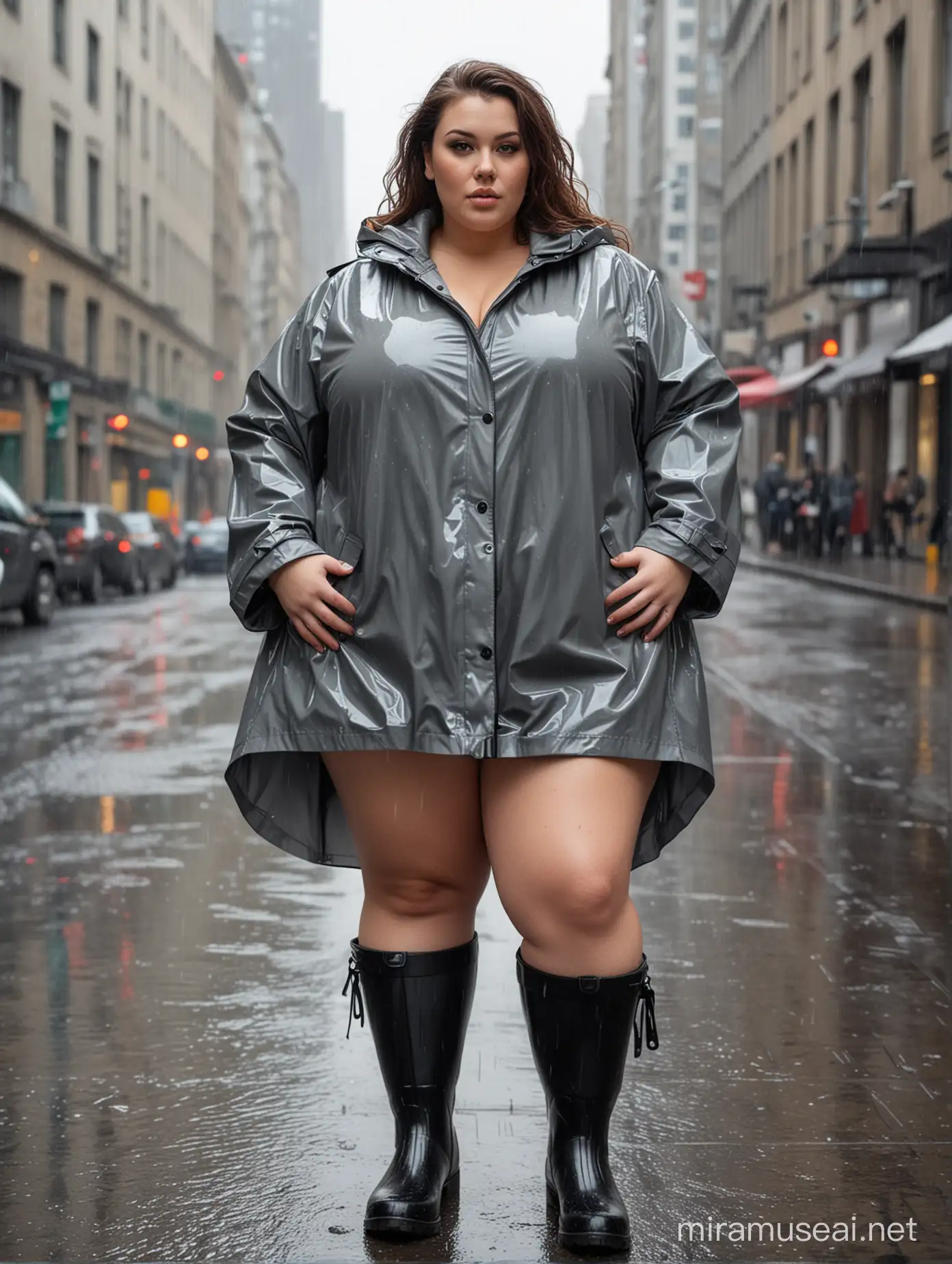 realistic picture of a fat curvy plus-size woman with huge fat XXL boobs, wearing only a raincoat and rubber boots, standing outside in a cityskape in the rain