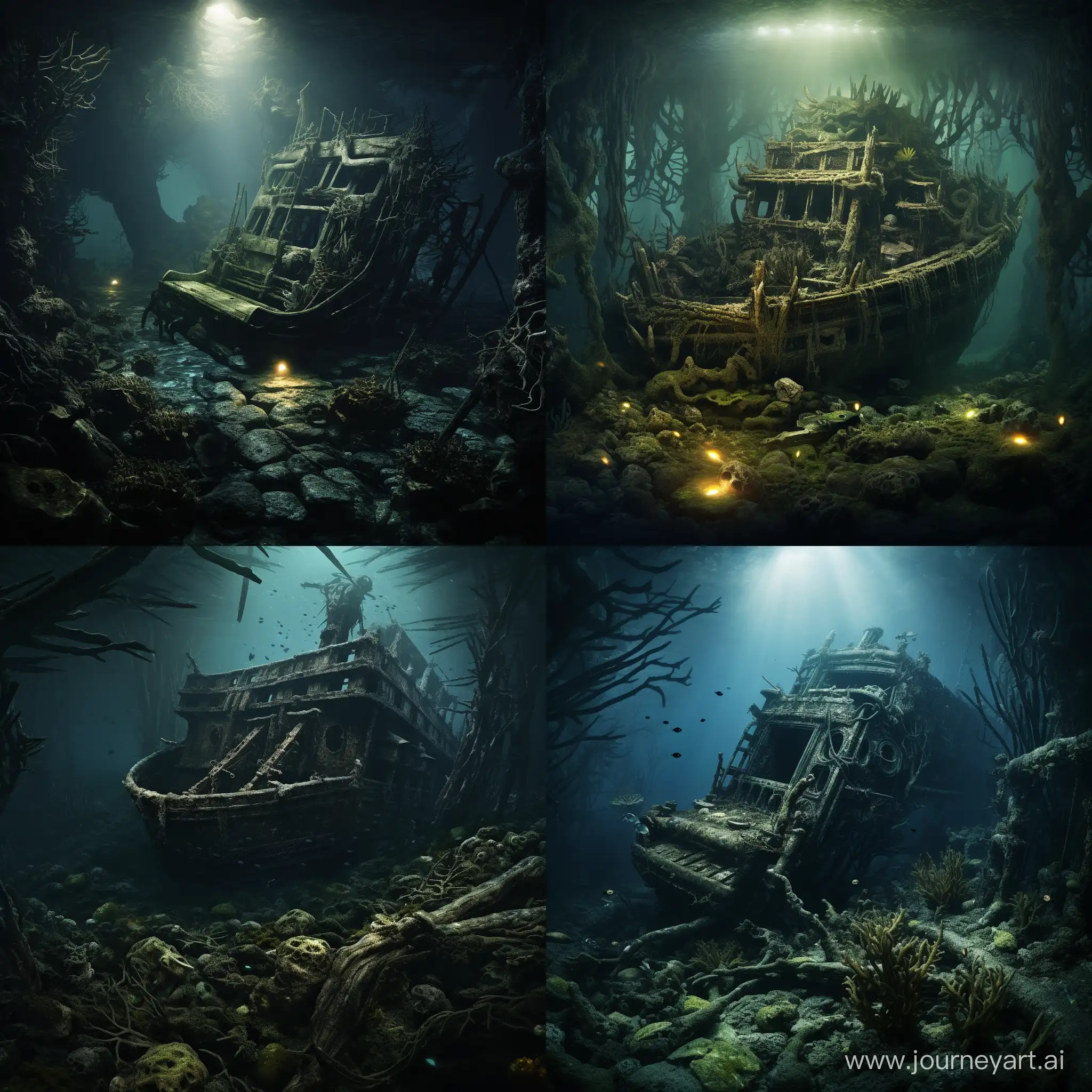 Eerie-HR-GigerInspired-Shipwreck-Exploration-with-Alien-Skulls-and-Golden-Treasures