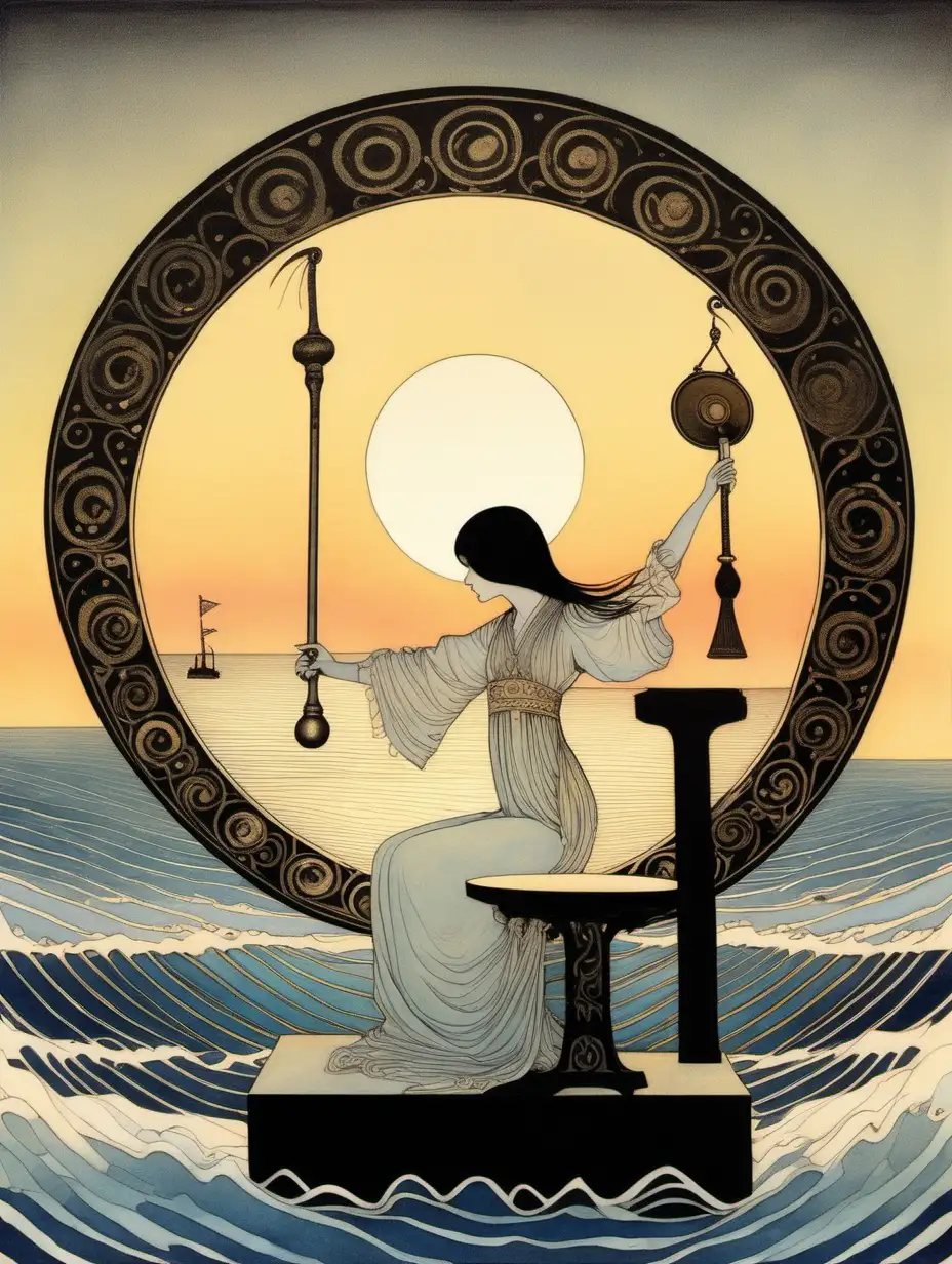 Enchanting Sunset Serenade Woman Playing a Grand Gong by the Ocean