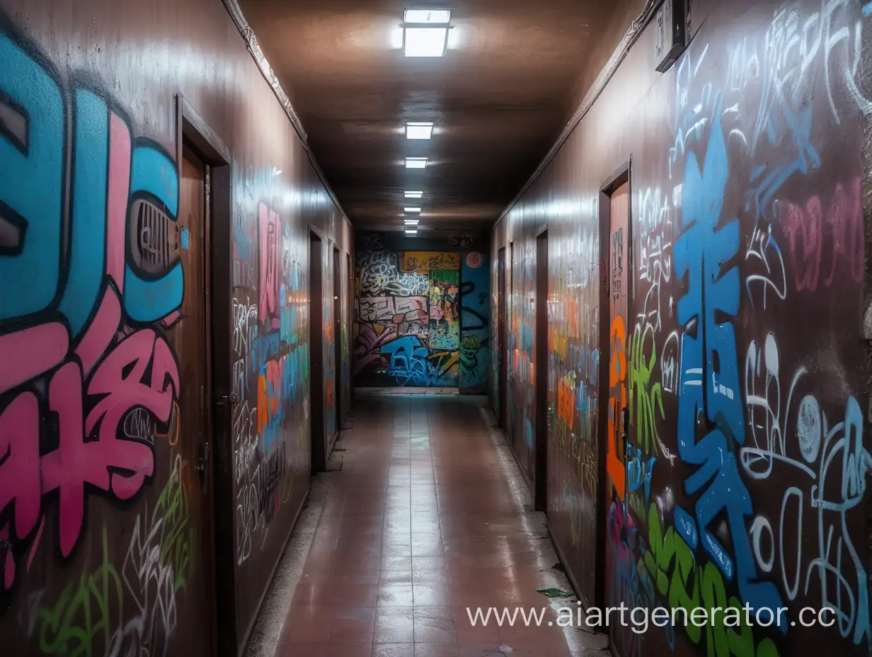Коридор, цветные надписи и рисунки на стенах перекрывают друг друга, графити, тусклый свет, аниме стиль