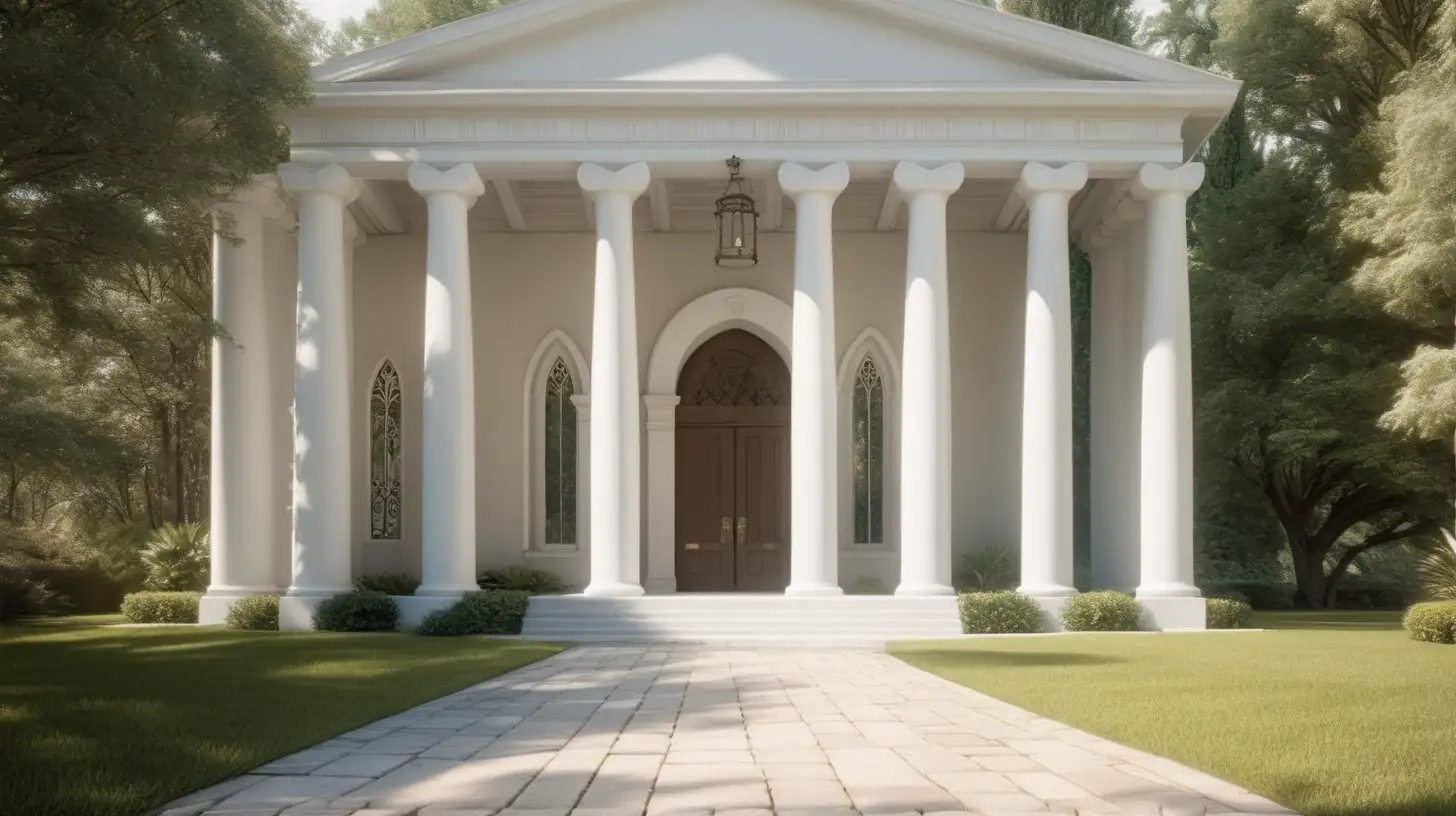 envision  the outside of a chapel with columns with beautiful grounds surrounding it

