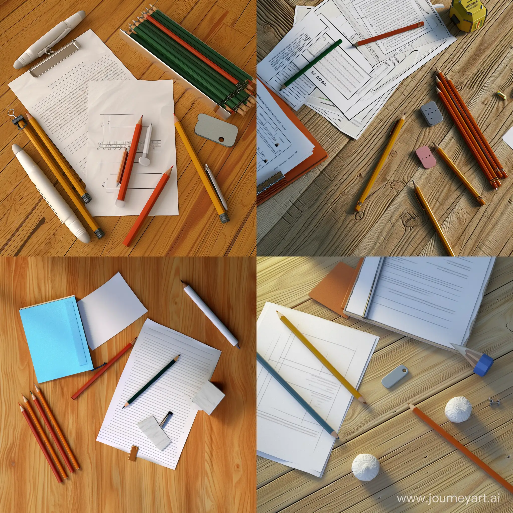 Pens, pencils, couple of papers with tables, eraser are on the wood table, view from above. Stylized image rendered in Blender