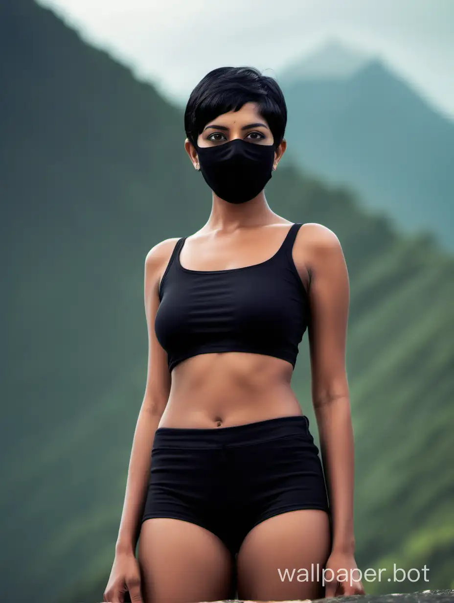 Indian women, short black hair, black head mask and black bermuda, full perfect body, BEHIND MOUNTAIN