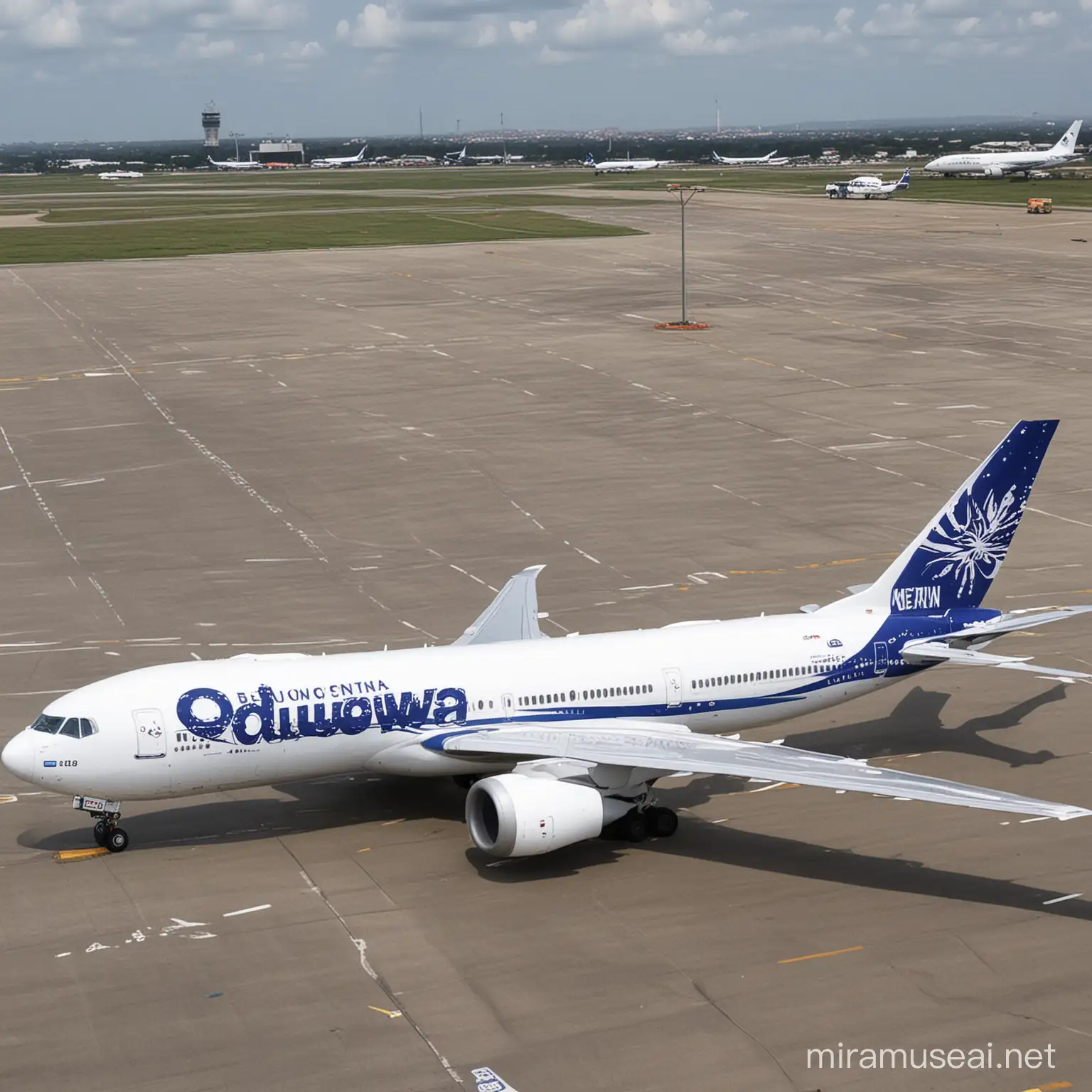 create a boing  767 with a branded name "oduduwa nation" on it let the body be blue and white with stars on it,place on fine run way. no spelling mistake