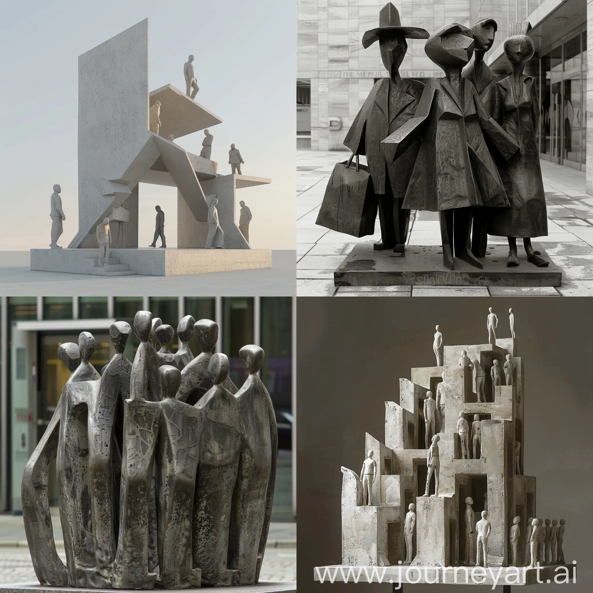 Una escultura urbana, con temática de mercado de referencia, que sean pocas figuras la que conforma la escultura, y sea de manera minimalista
