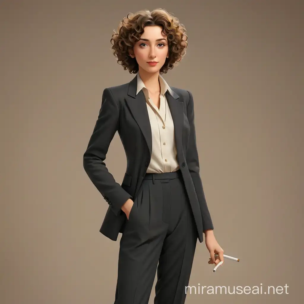 The writer Georges Sand is standing in a man's suit with a cigarette, she has short curly hair. We see her full-length, with arms and legs. In the style of 3d animation, realism.