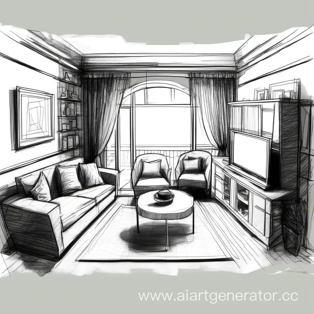 Cozy-Living-Room-Sketch-Welcoming-2D-Illustration-of-a-Homey-Space