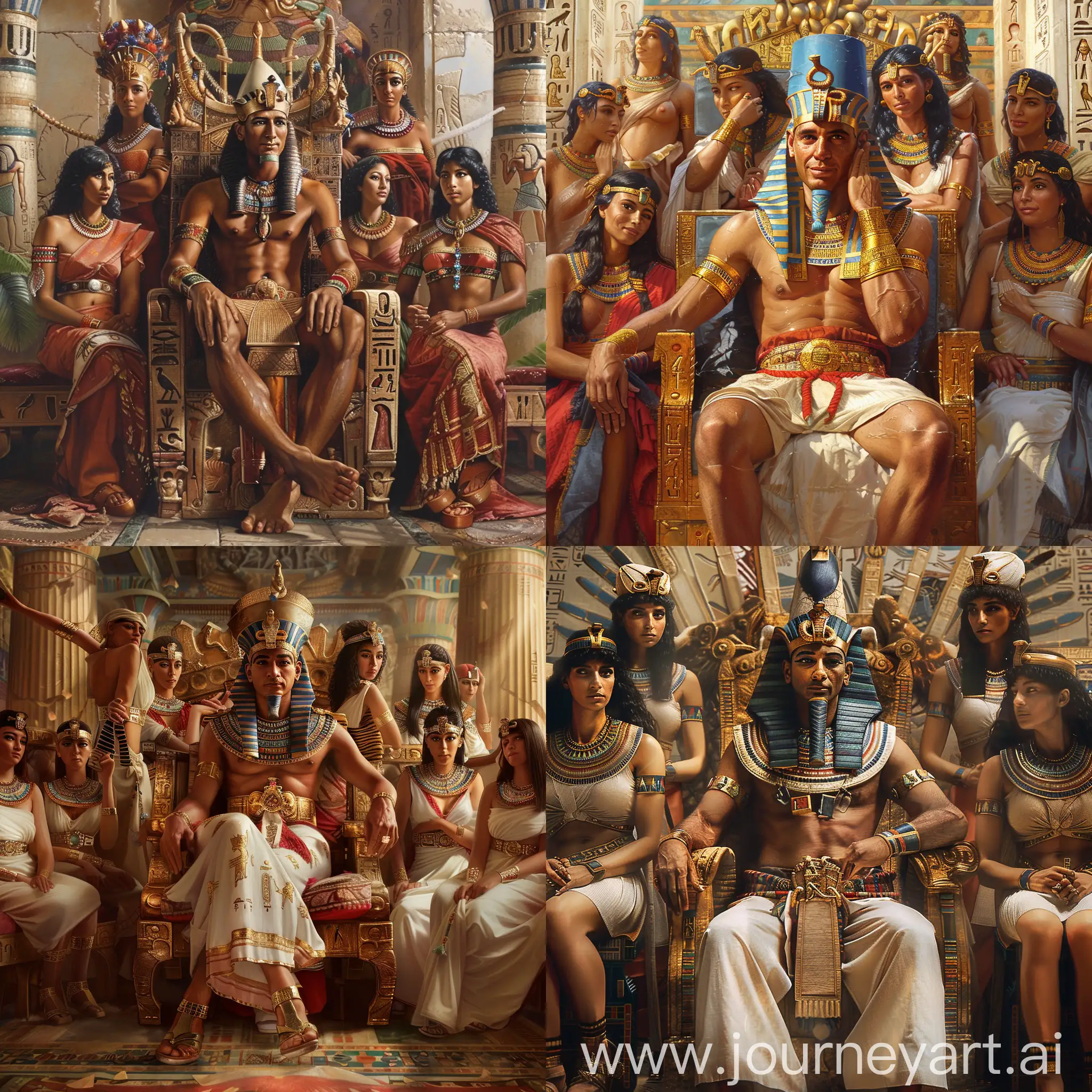 древнеегипетский фараон сидит в тронном зале, его окружают красивые наложницы, фотореализм, гиперреализм