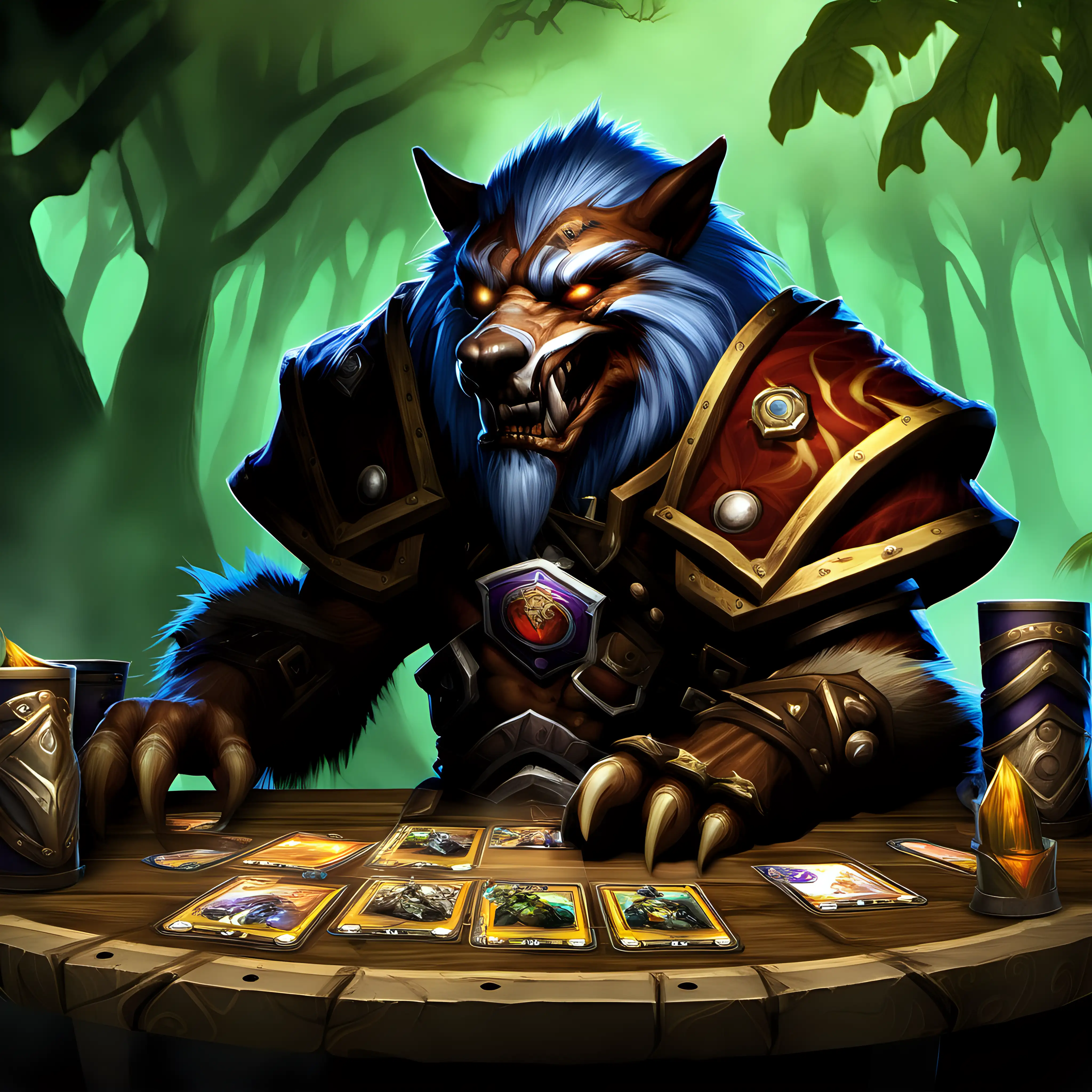 gnoll elder at war table, elwynn forest, world of warcraft tcg art, stylized game asset 