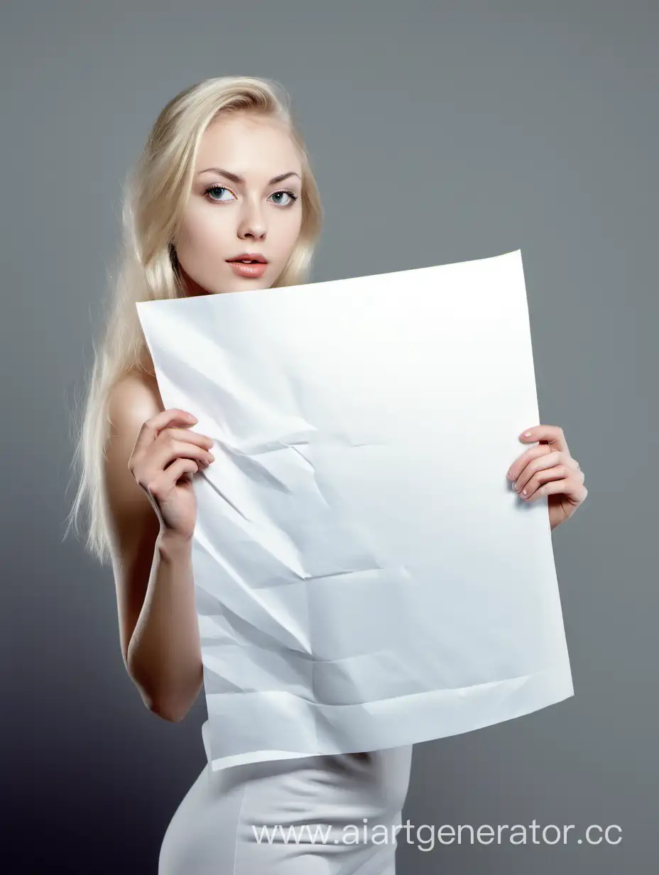 Блондинка с листом белой бумаги в руке