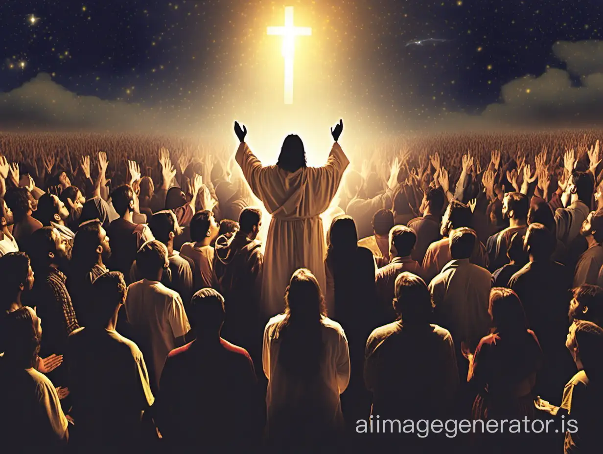 Generate Jesus Christ with many people praying with him with a light come from the sky