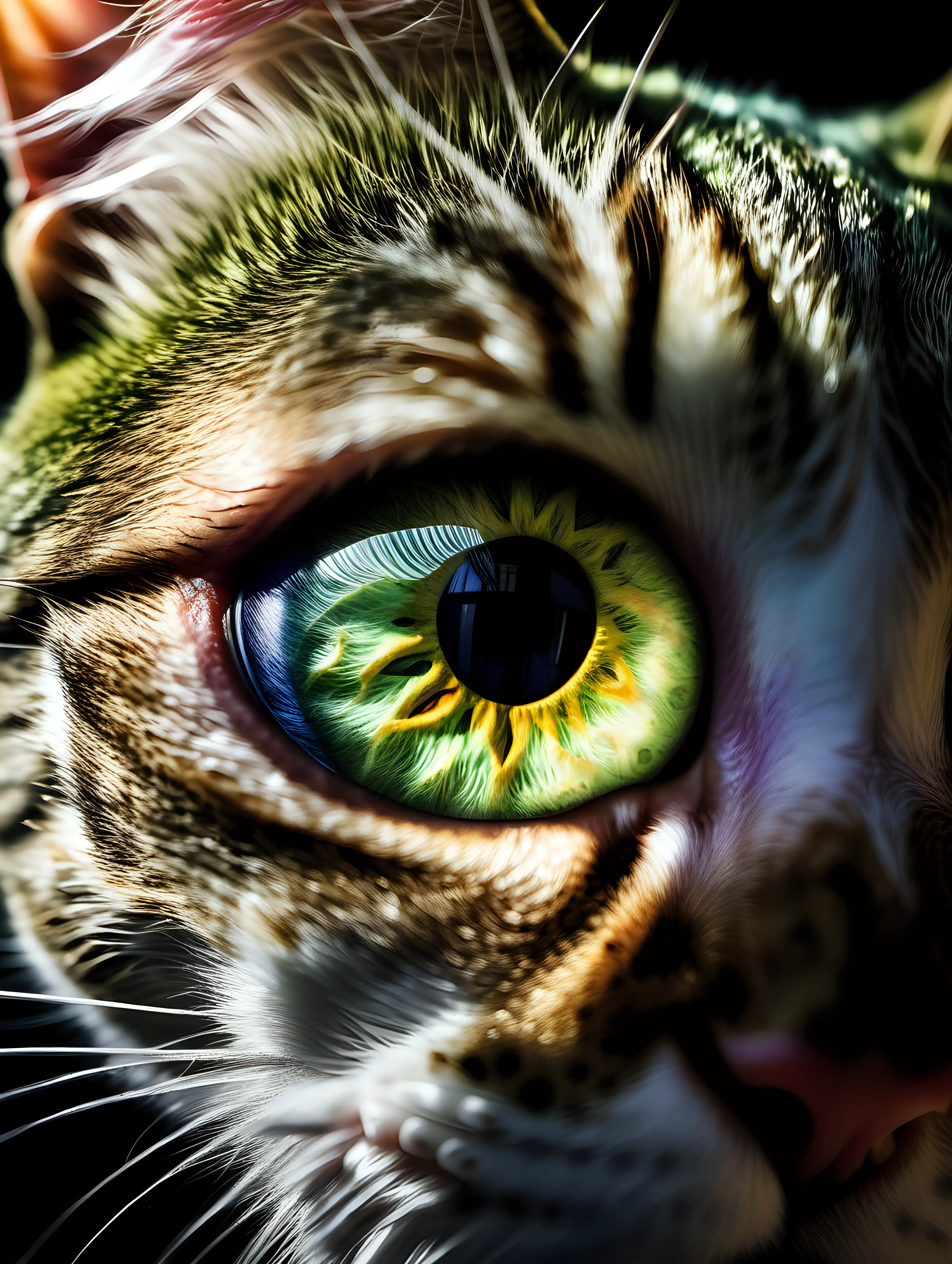 "A photograph of [a green] single eye [of a cat], brightly lit, capturing the intricate details of the iris and eye area. The rest of the face is hidden in a curious shadow, ultra-realistic style raw -- ar 3:4 --s 350 -- in 6.0"
