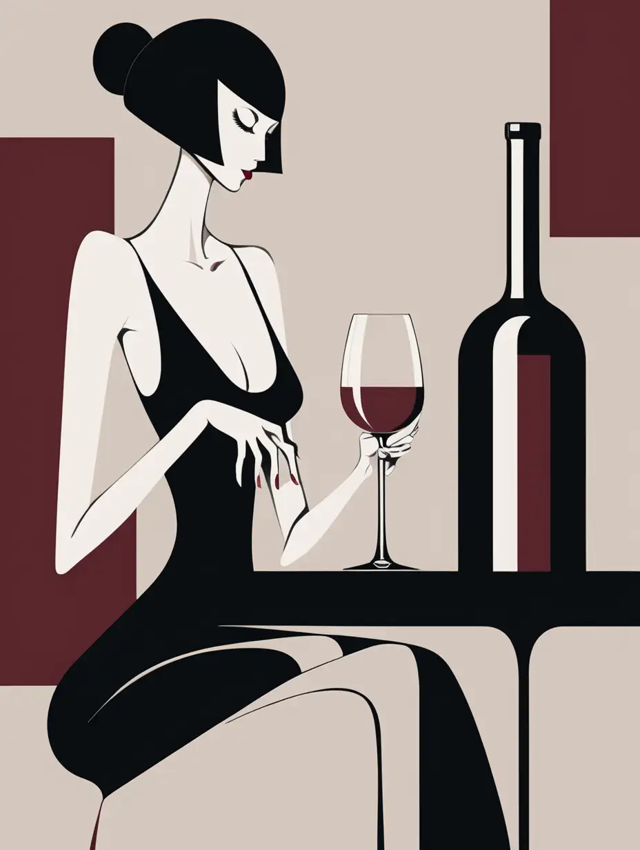 Abstract, modern art, minimalistic, simple shapes, large stokes. A lady with a glass of wine. 