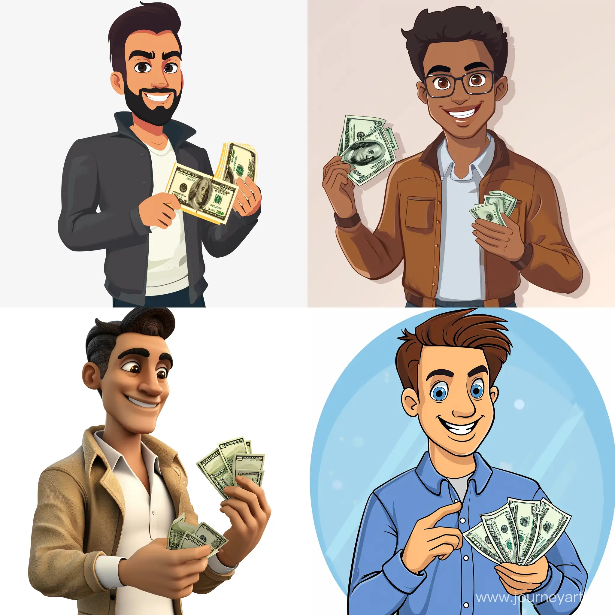 An animated man showing his money