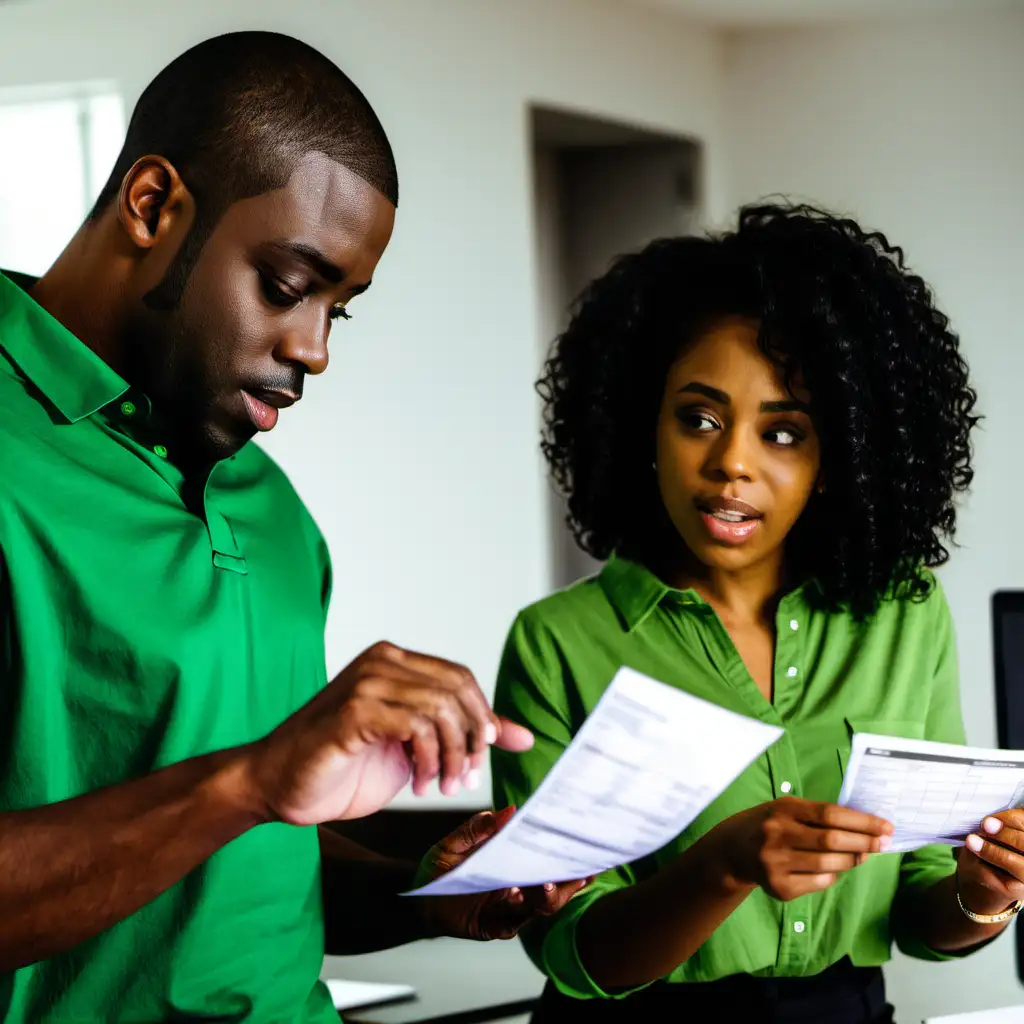 black women, black man, green shirt, looking at finances