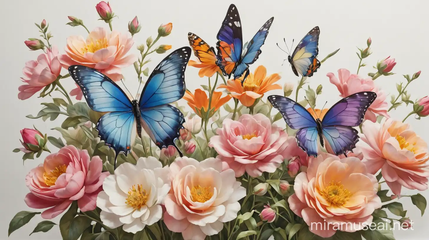 A stunning 3D render of a watercolour-style painting featuring vibrant, lifelike flowers in various hues. The petals of the flowers appear to be painted with delicate brush strokes, blending seamlessly into the background. Perched gracefully on the flowers are a couple of beautiful, realistic butterflies. The overall composition is set against a crisp white background, highlighting the colours and intricacies of the floral arrangement., 3d render


