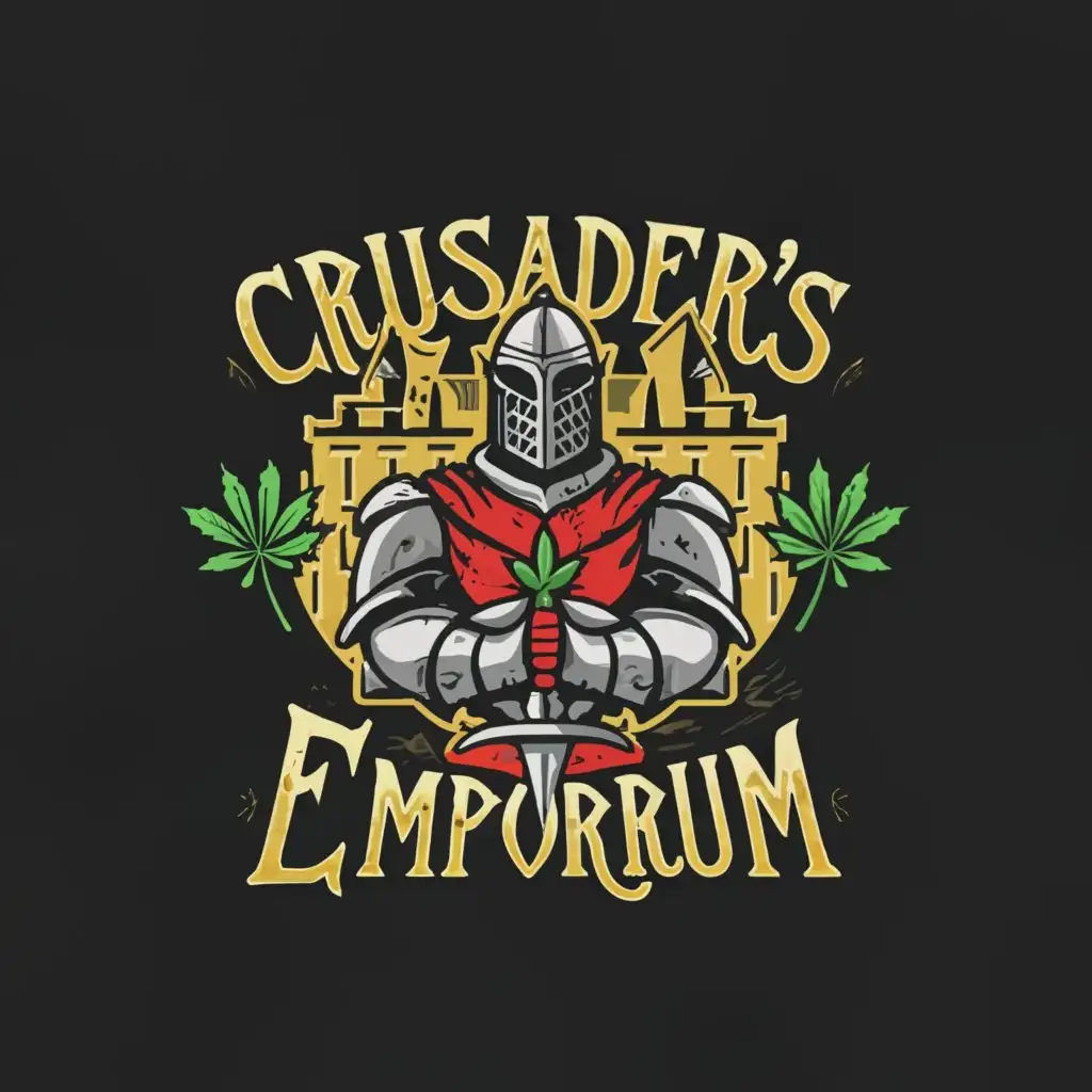a logo design,with the text "Crusader's Emporium", main symbol:Crusaders and medieval knights along with cannabis,Moderate,clear background