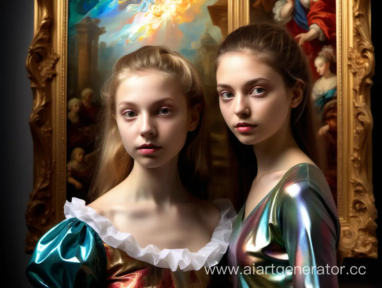 cover for a mystery novel with two people: a beautiful 40 years-old woman with perfect face and her beautiful 10 years-old daughter painting a picture in an art museum, surrounded by baroque paintings., Broken Glass effect, no background, stunning, something that even doesn't exist, mythical being, energy, molecular, textures, iridescent and luminescent scales, breathtaking beauty, pure perfection, divine presence, unforgettable, impressive, breathtaking beauty, Volumetric light, auras, rays, vivid colors reflects