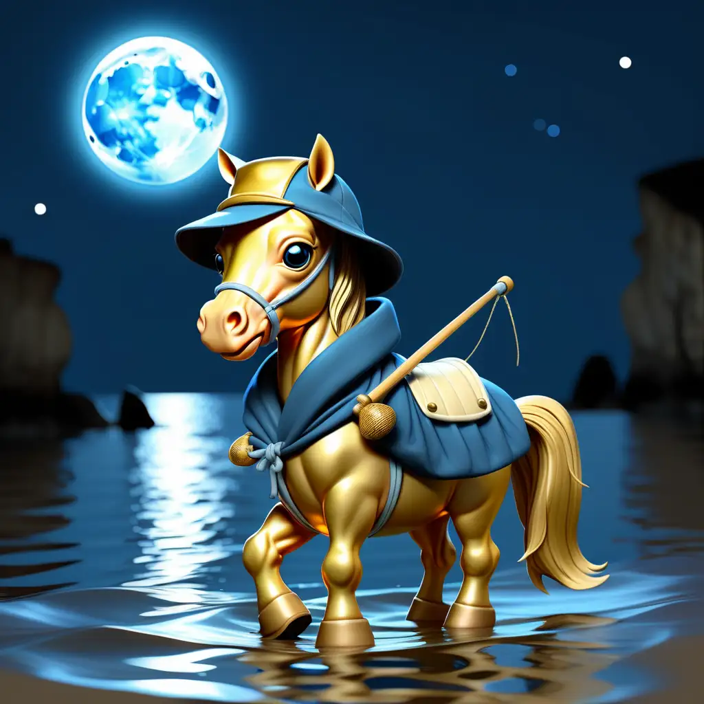 a gold baby horse  under blue moonlight dressed like a fisherman