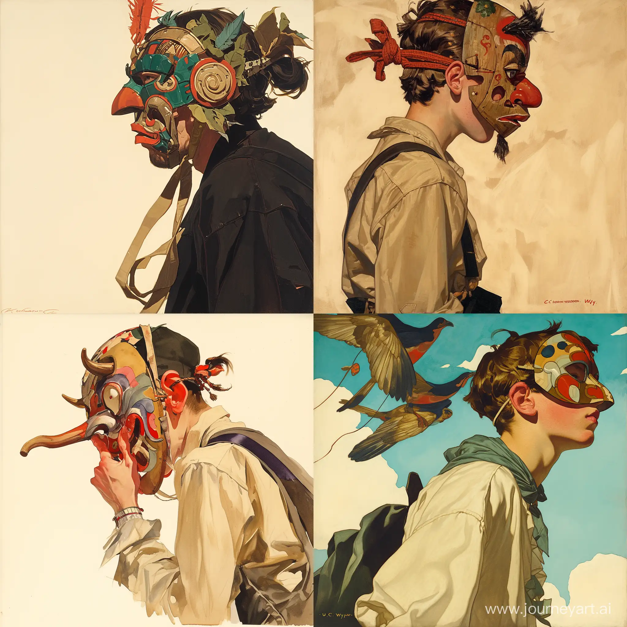 Threea profile boy, folklore mask, streetwear. by J. C. Leyendecker, Norman Rockwell, haddon sundblom, N. C. Wyeth --niji 6