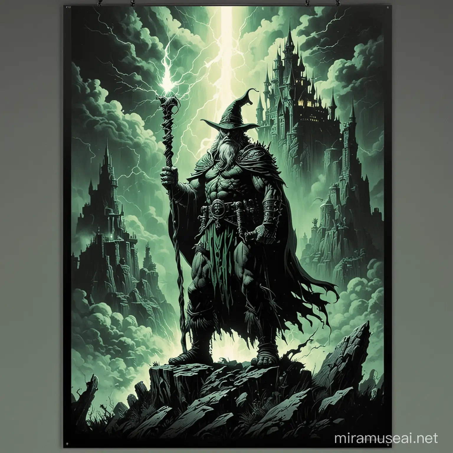 Retro Psychedelic Wizard Summoning Lightning in Castle Background Poster