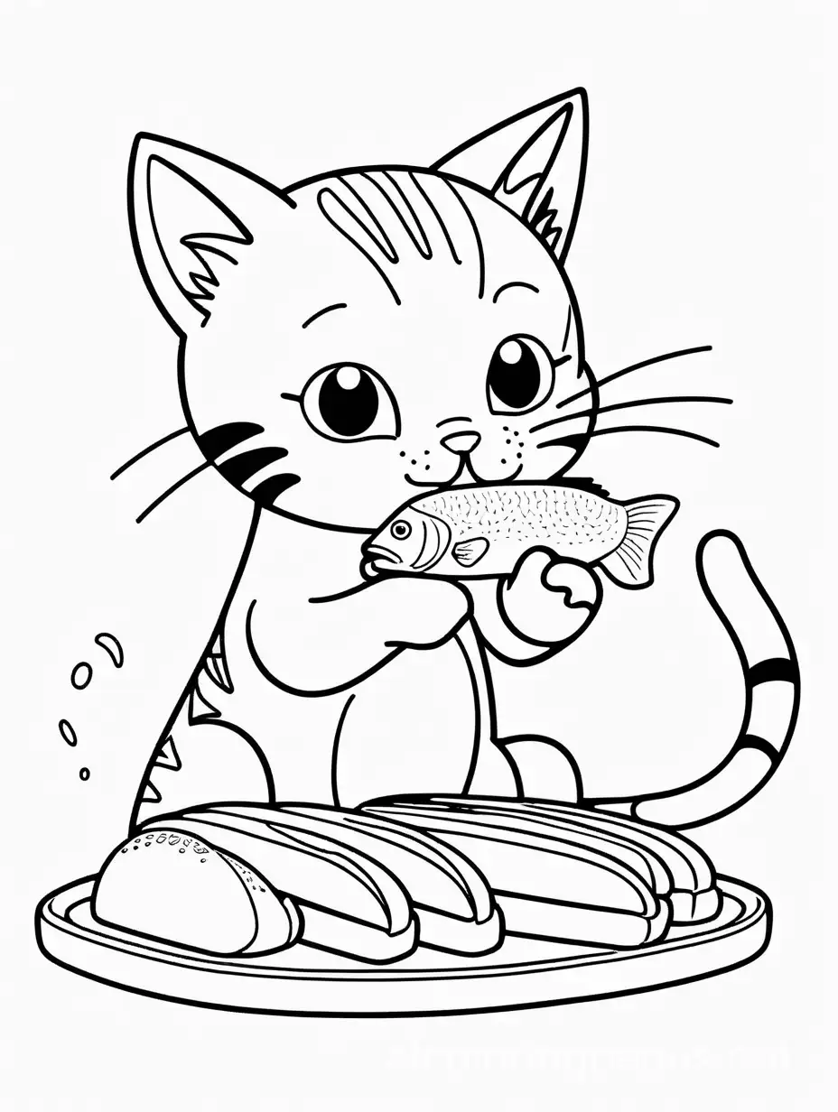 cat eat slice of bread with fish, Coloring Page, black and white, line art, white background, Simplicity, Ample White Space. The background of the coloring page is plain white to make it easy for young children to color within the lines. The outlines of all the subjects are easy to distinguish, making it simple for kids to color without too much difficulty
