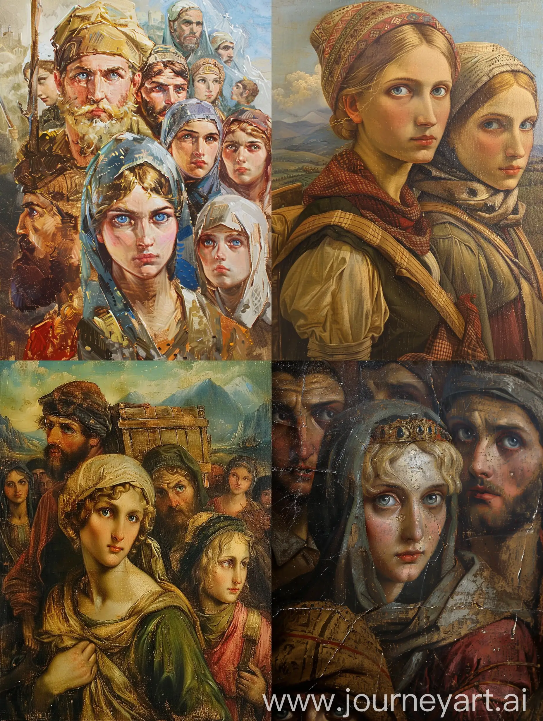 Slavic people migrating to Anatolia. Slavs are blonde and blue eyes while the Anatolians look Mediterranean. Renaissance style, Leonardo Davinci style. Medieval Italian oil painting.