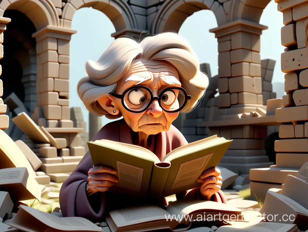 cartoon style, 8k, inside the ruins, an old woman reading a big book.