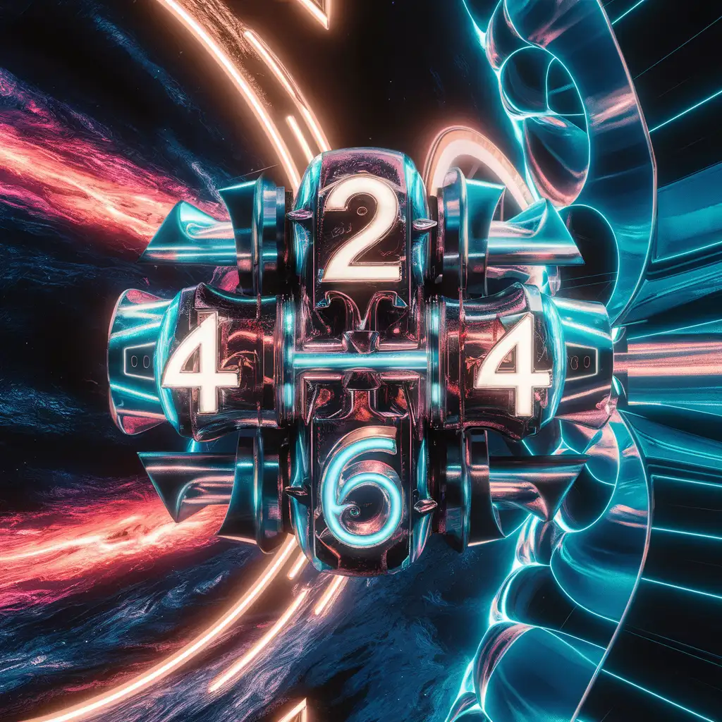 3D mechanical space wallpaper. Brilliant surreal colors with numbers 2 - 4 - 6