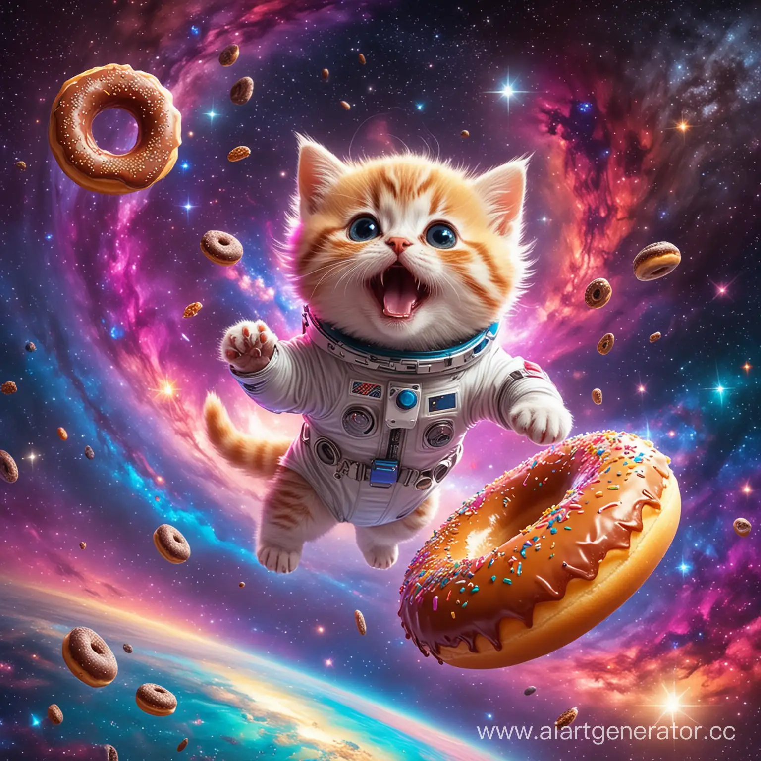 милый кричащий яркий котенок в скафандре летит на ярком необычном пончике в космосе в планете пончиков