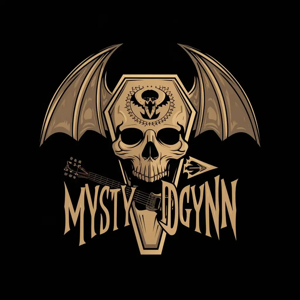 logo, coffin skull bat guitar, with the text "Mysty Dgynn", typography