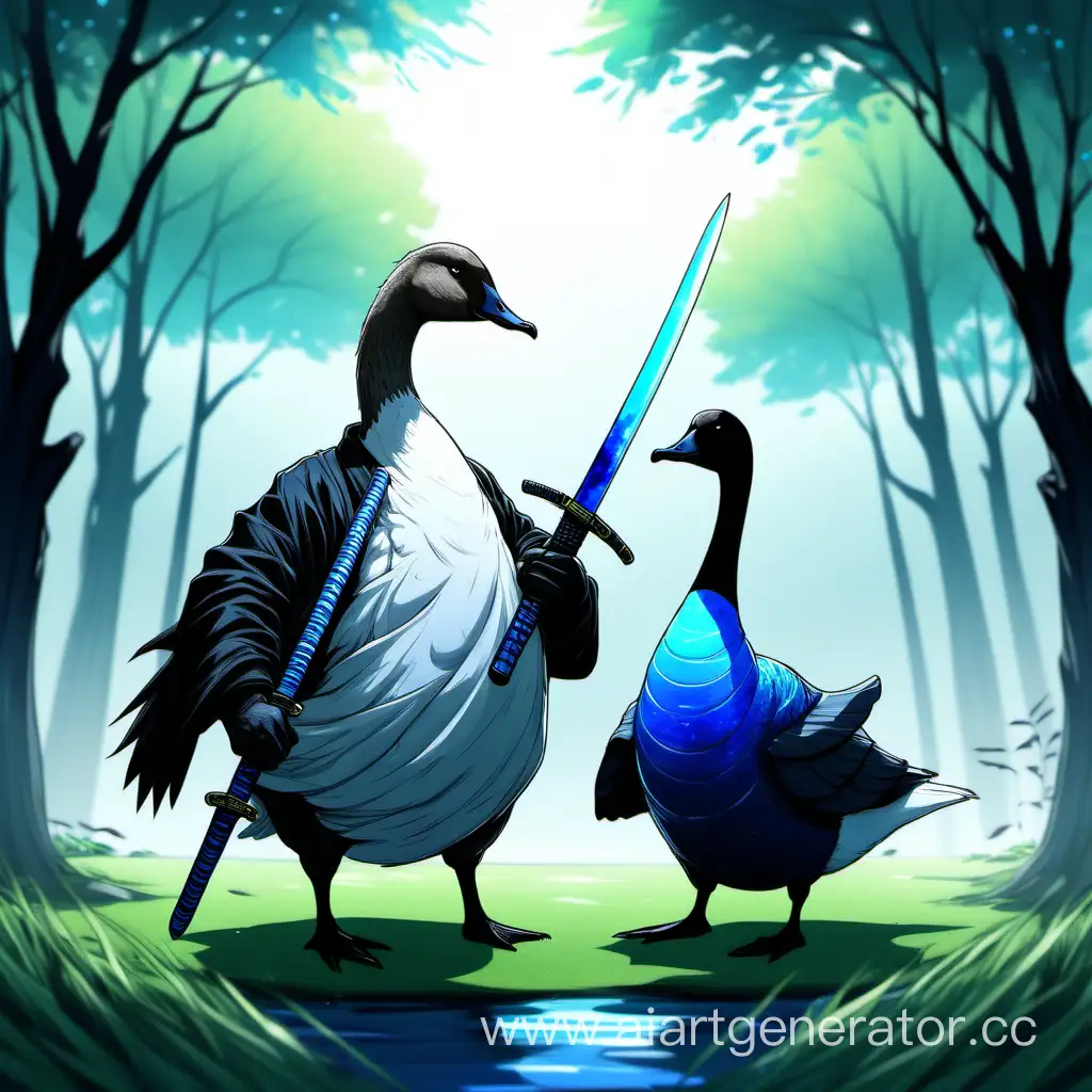 Black-and-White-Geese-Dueling-with-Katana-Swords-in-Vibrant-Nature-Setting
