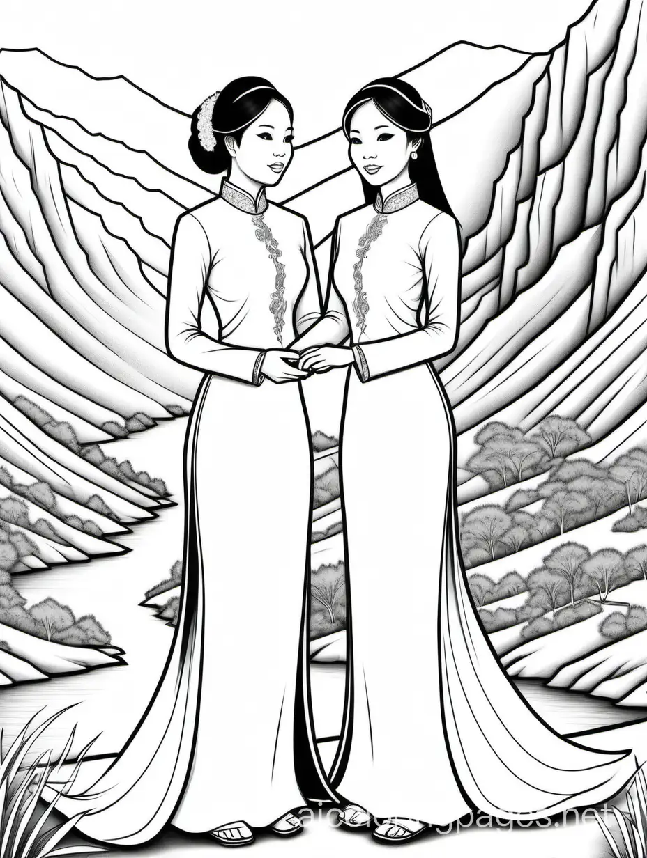 Two philipino ladies wearing skintight ao dai, engaged in a marriage ceremony in a mountain valley, Coloring Page, black and white, line art, white background, Simplicity, Ample White Space. The background of the coloring page is plain white to make it easy for young children to color within the lines. The outlines of all the subjects are easy to distinguish, making it simple for kids to color without too much difficulty