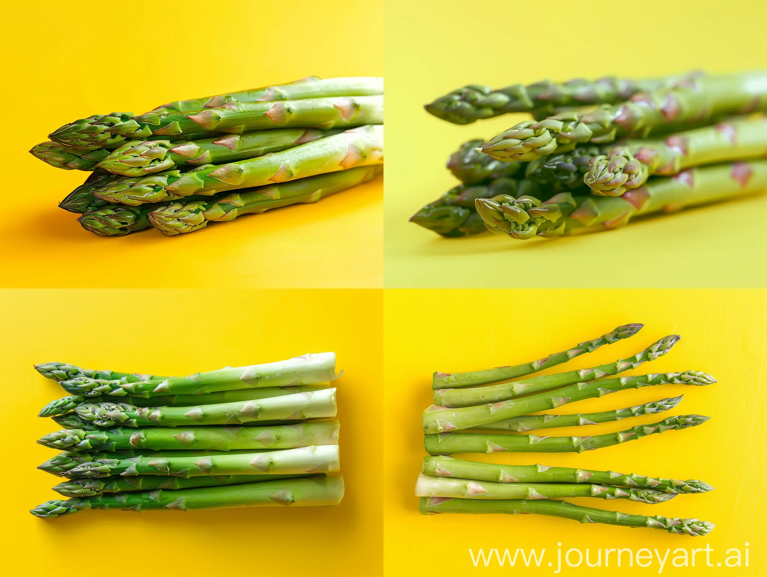 Studio photo with a bright yellow background of asparagus