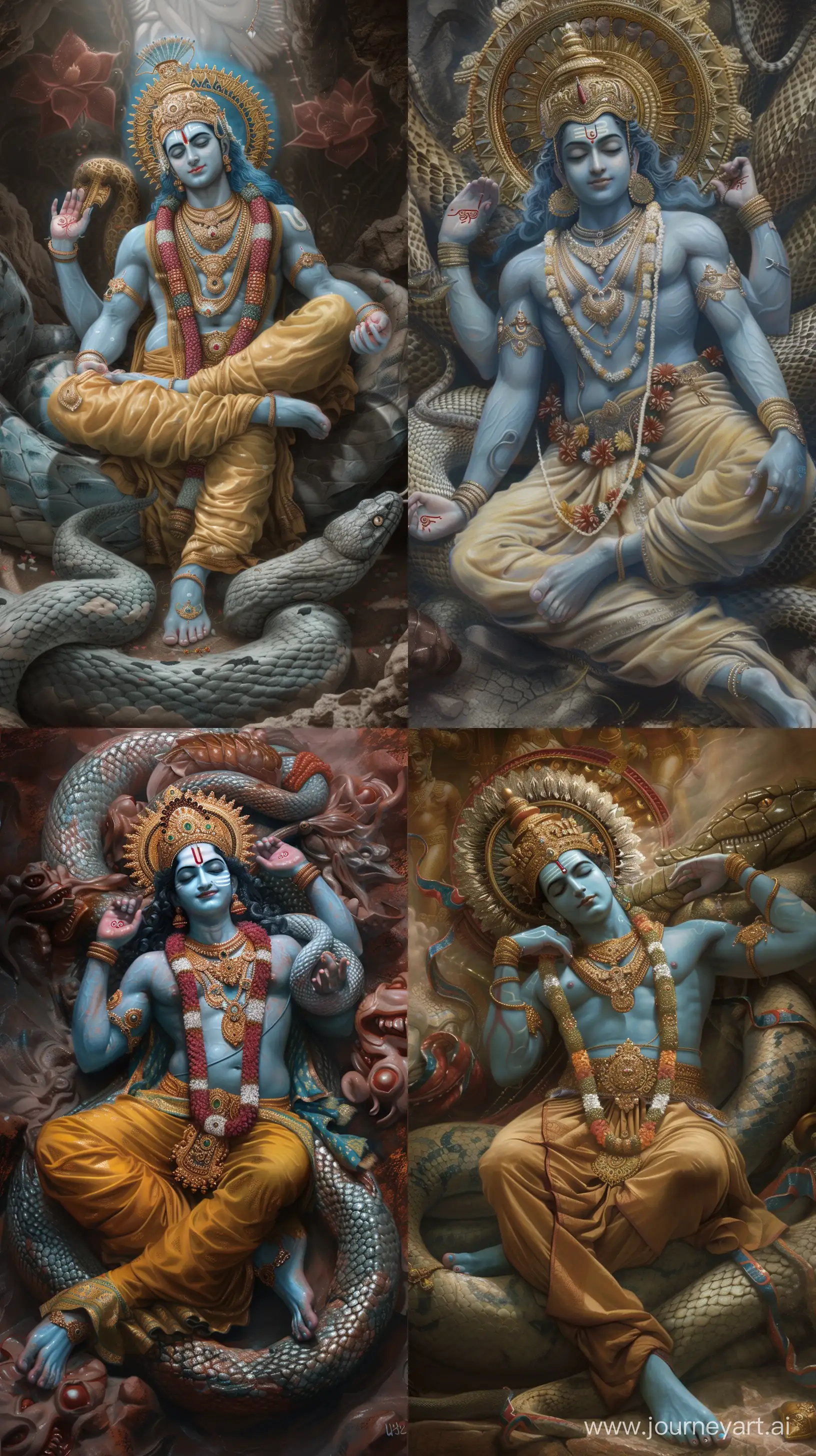 Realistic digital paintings depicting Lord Vishnu from Hindu mythology (light blue tanned body, around 30 years in age, crowned, resting while laying in 5 headed serpent), intricate details, UHD --ar 9:16