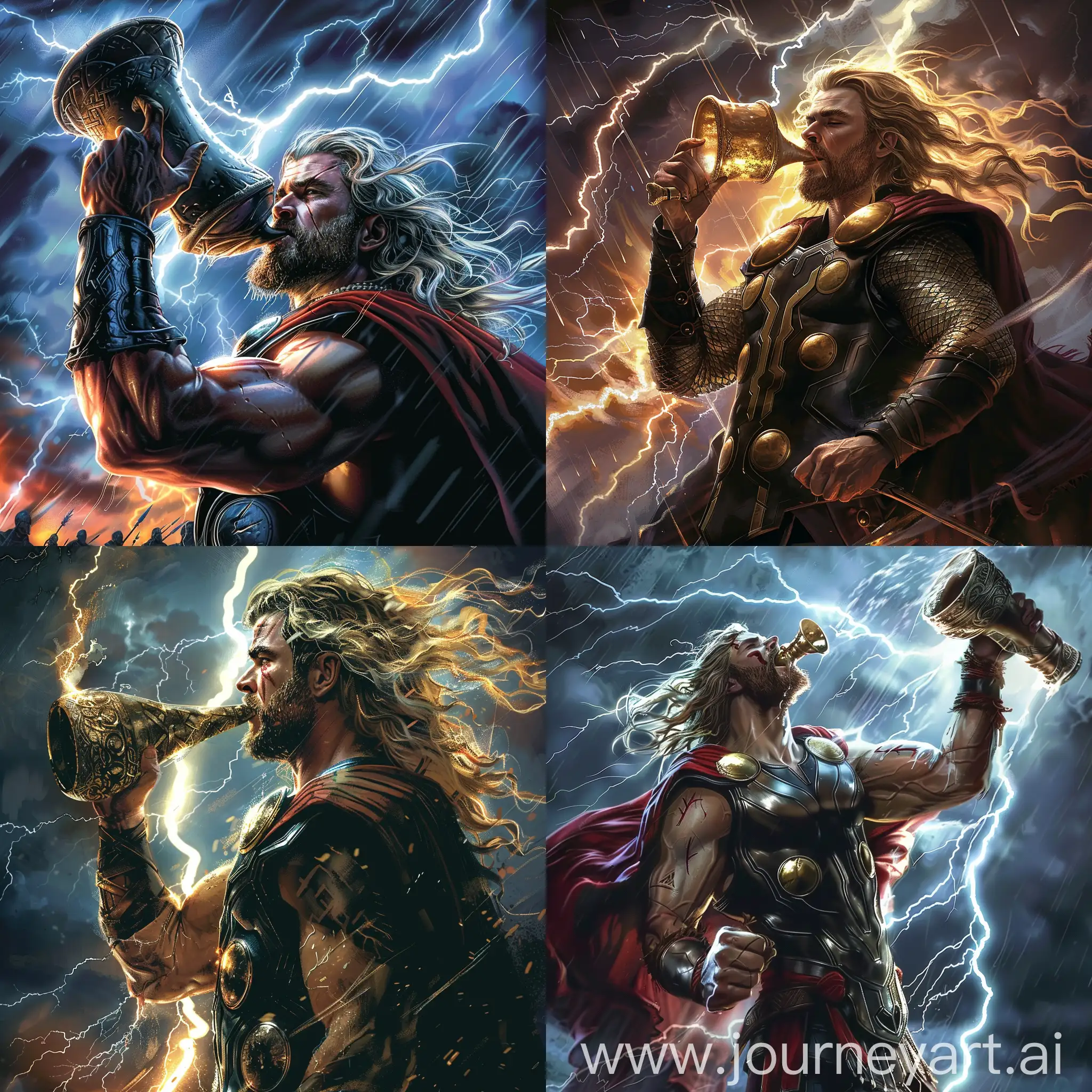 Imagen de thor sosteniendo un cuerno para beber energicamente y rayos en el fondo