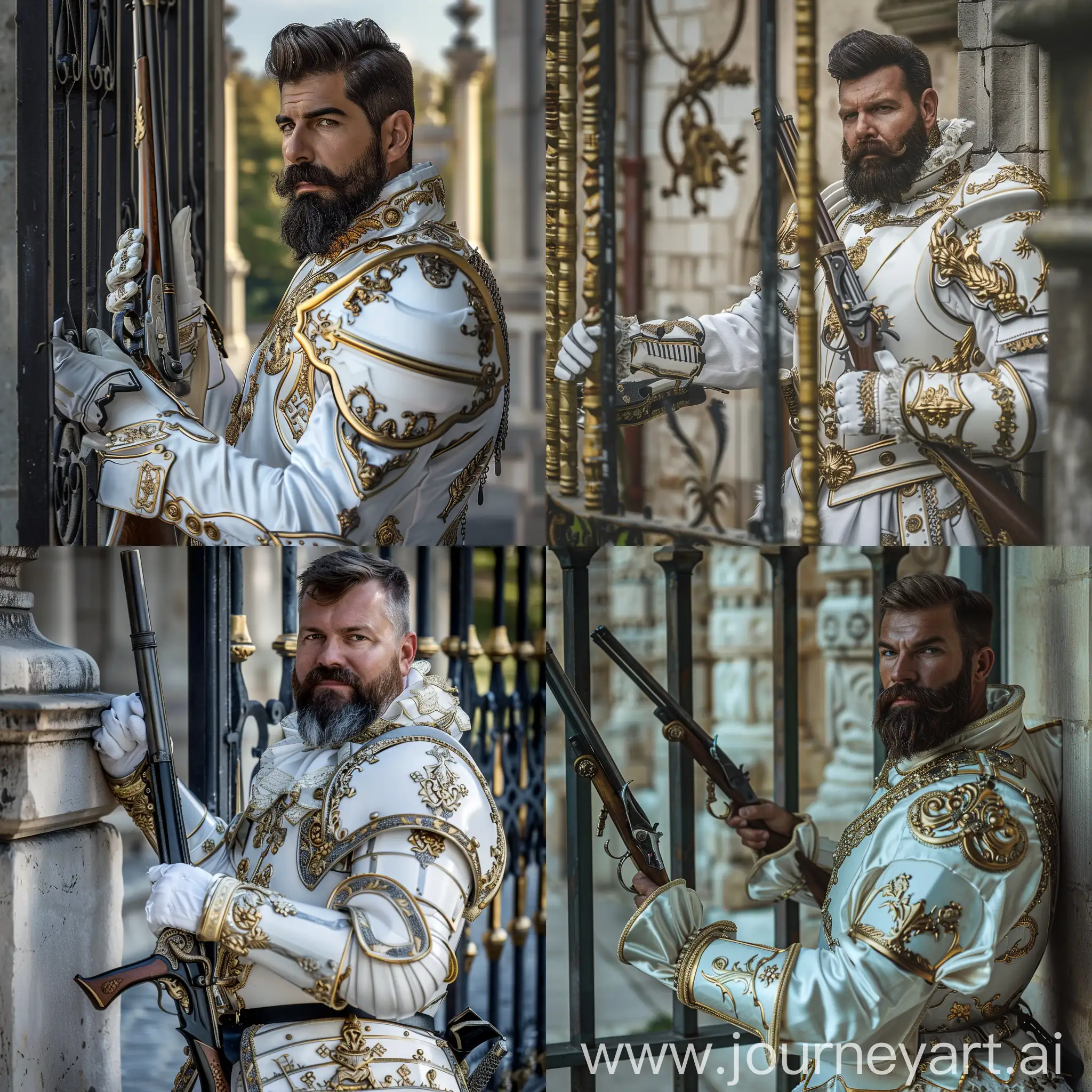 A bearded, well trimmed man, dressed in white and gold fantasy armor, holding a musket, standing comfortably by a castle gate, close shot, detailed, hd, accurate