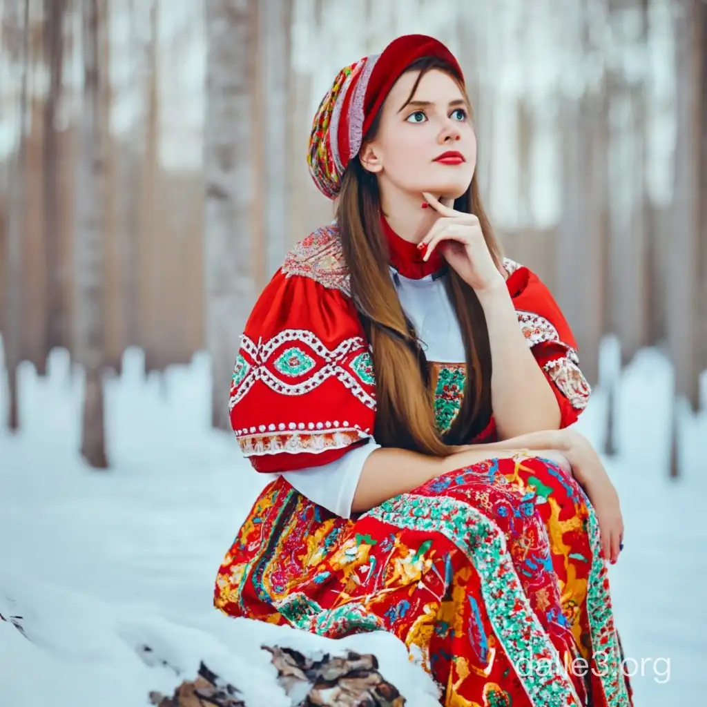 Thoughtful Girl in Russian Folk Costume | Dalle3 AI