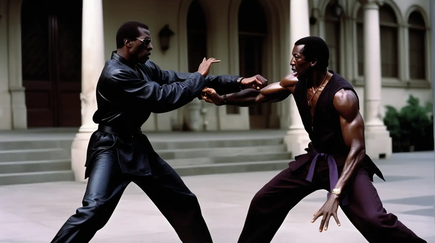 Wesley Snipes engaging in a street style hand-to-hand combat with the vampire leader, showcasing his impressive martial arts skills.