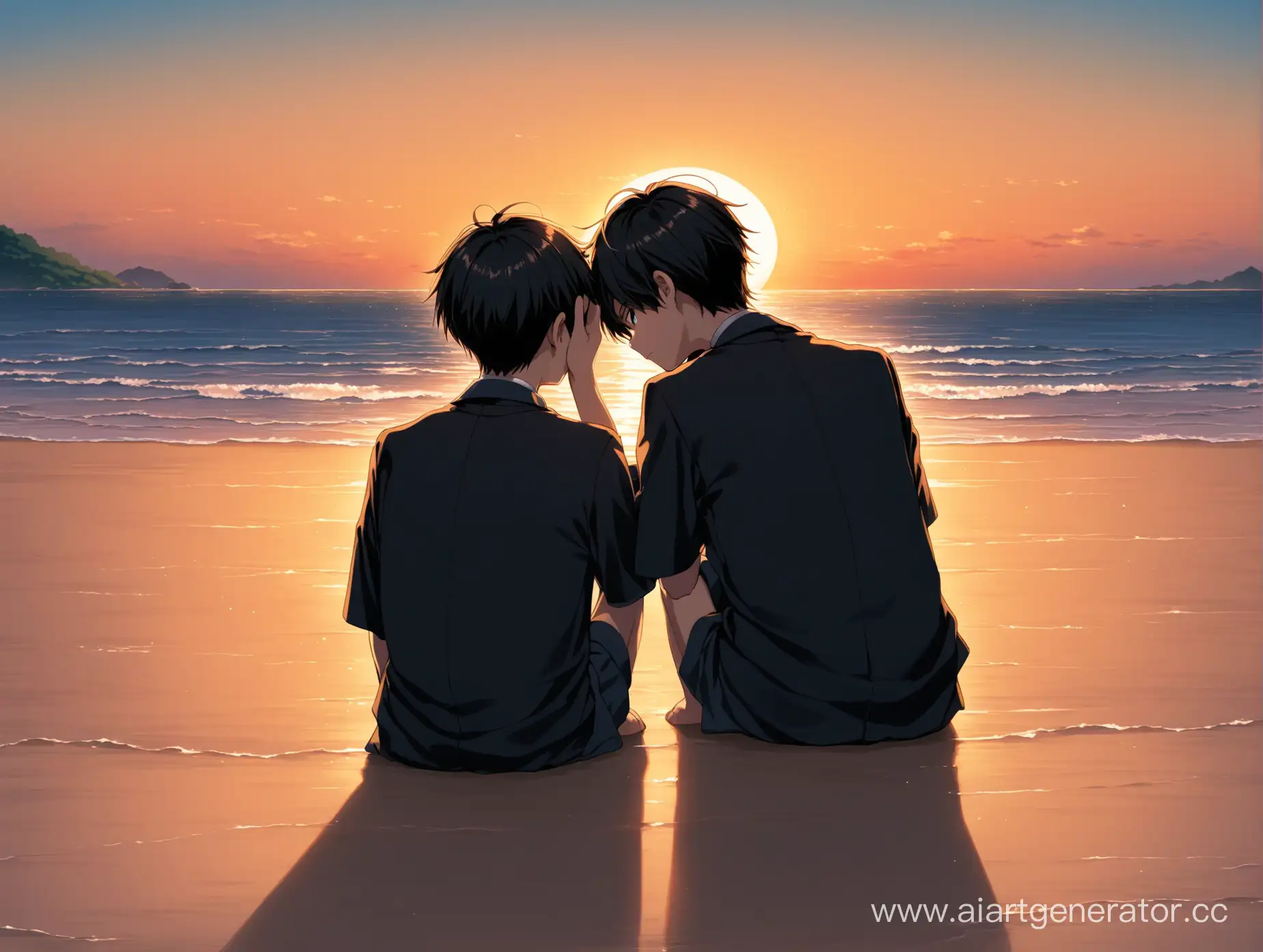 Japanese-Schoolboys-Watching-Sunset-on-Empty-Beach