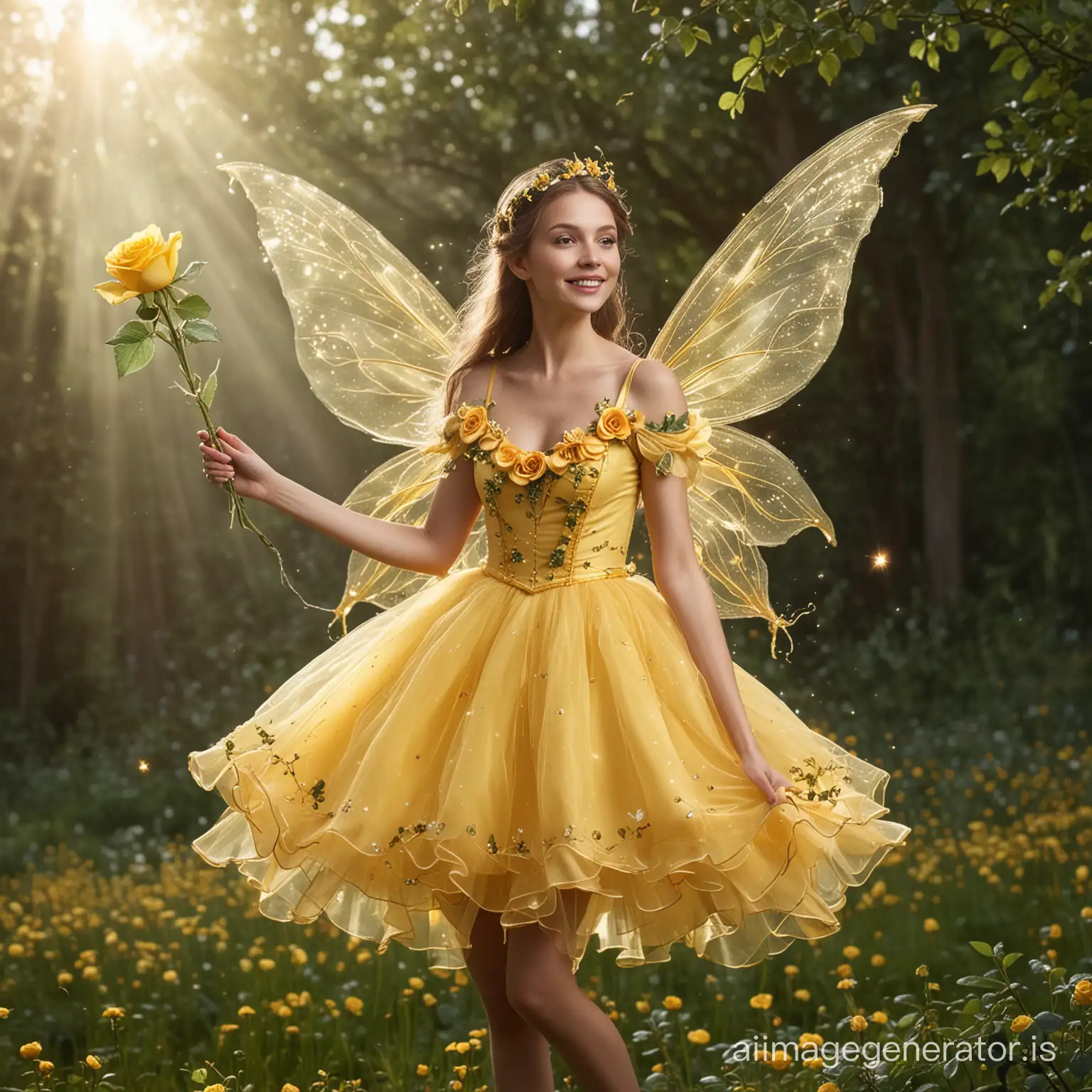 a fairy wearing a rose-shaped dress and holding a yellow magic wand