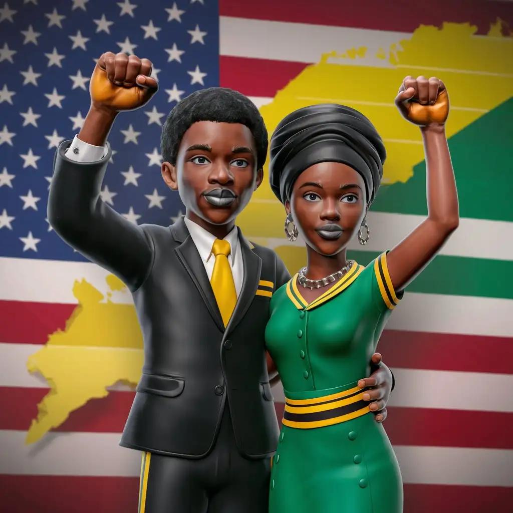 Create a 3D picture for Juneteenth with a young black man and woman with their fists up in the black power gesture, with the colors of black, yellow and green.