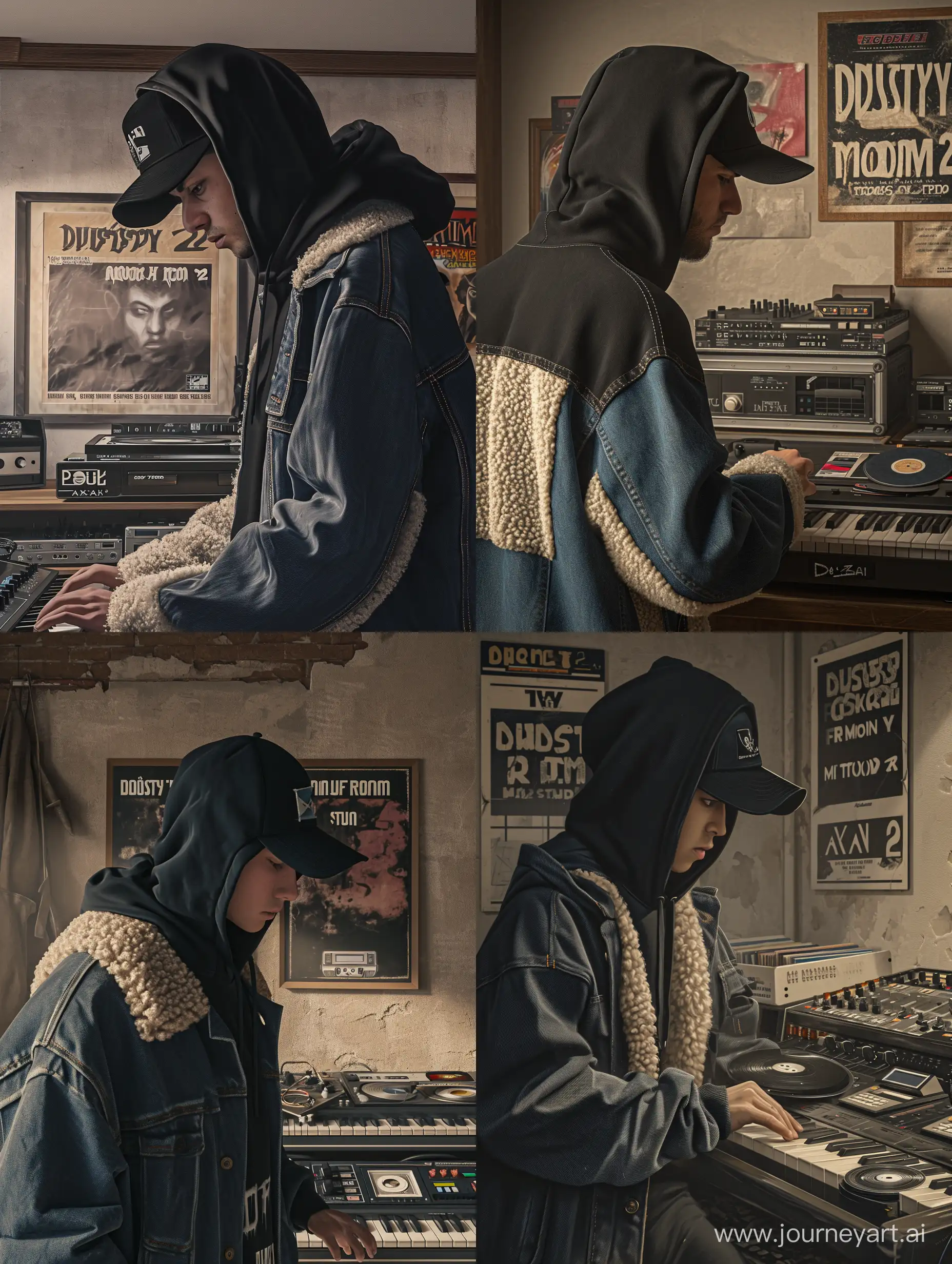 "Frame by frame. Style: Hyperrealism. Character: A man in a black hoodie (hood not worn on the head), black snapback cap, denim 'trucker' style jacket lined with sheep's wool. Environment: A dusty music studio in a basement, featuring akai music equipment and vinyl records and old horror posters titled 'DUSTY ROOM 2' on the wall. Action: The character is either creating music or listening to a recording on a cassette. Lighting and colors: Natural lighting suggesting cloudy skies, with a focus on earthy and neutral denim shades. Perspective and composition: Adhering to the golden ratio, focusing on the character and their interaction with the music equipment. Negative Prompt: No neon colors, other characters, unrelated objects, bright colors, elements of fantasy or surrealism. Additional information: To be used as a hip-hop album cover, capturing an atmosphere of concentration and passion for music. Tags: #hiphop, #musicproduction, #akai, #studio, #mixtape. Notes: Emphasis on the details of the clothing and authenticity of the music equipment.