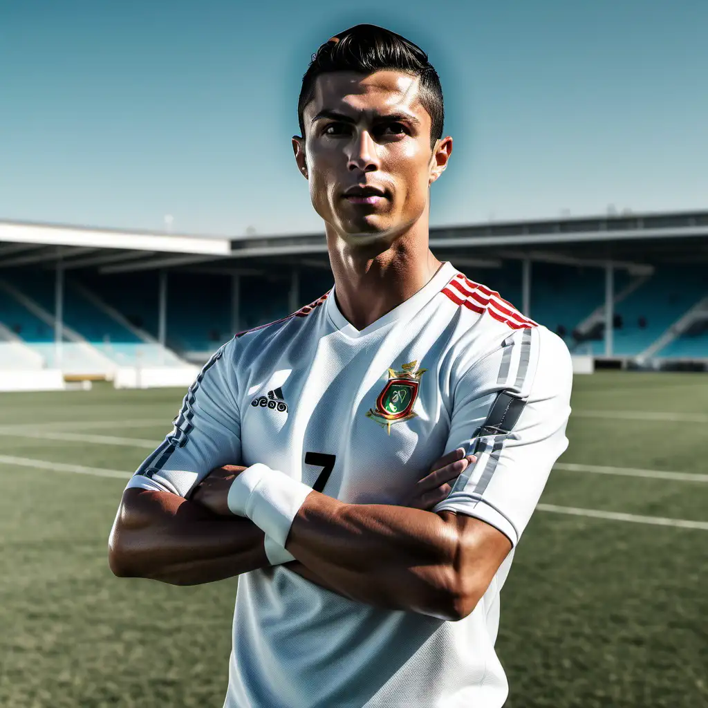 Cristiano Ronaldo，站在场中间，双手抱胸，在室外足球，阳光的有氛, 正面，半身图