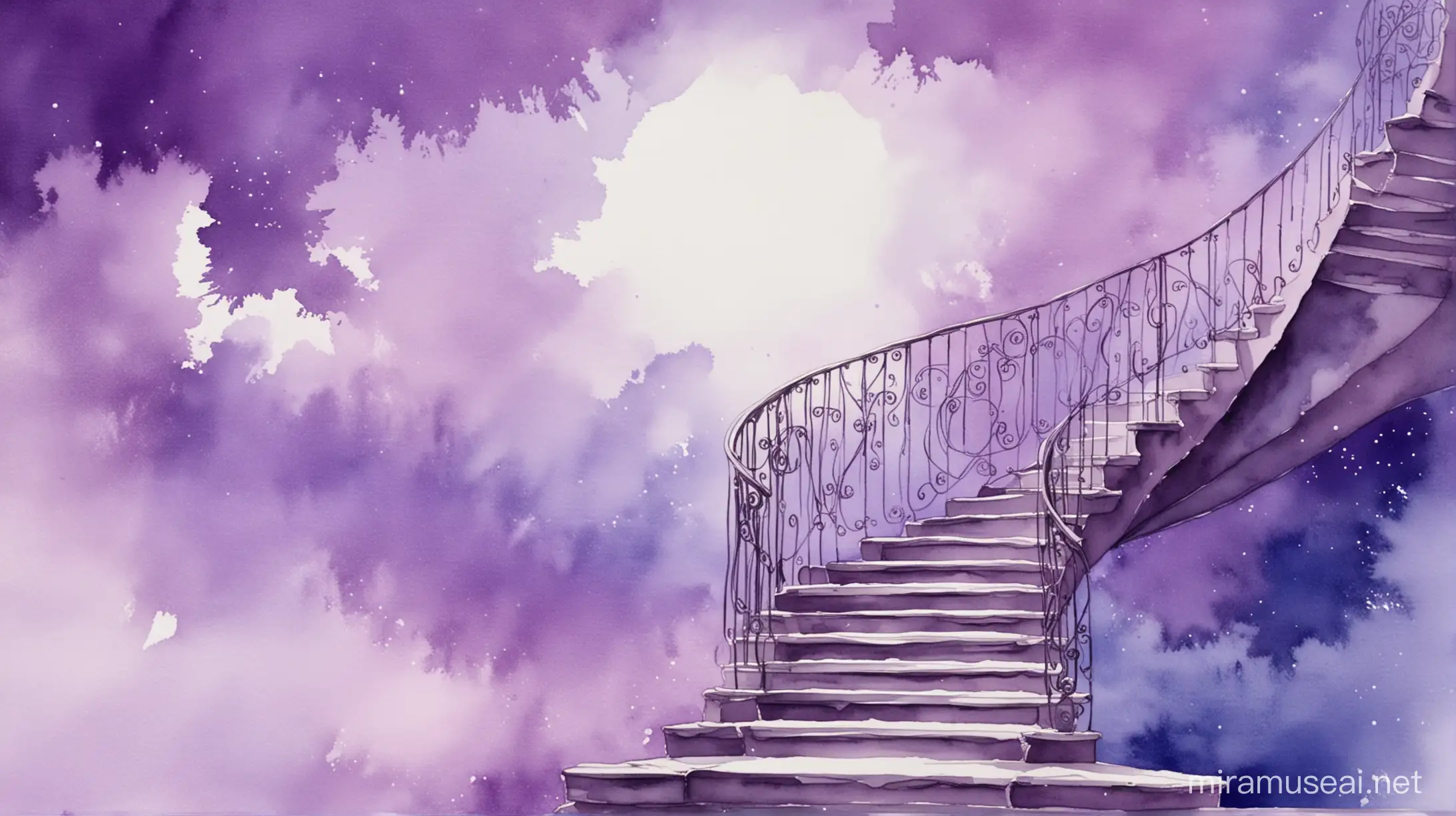 watercolor purple background purple with blue and a slightly curving staircase starting at the right edge of the image area then gently curving inward going into the sky